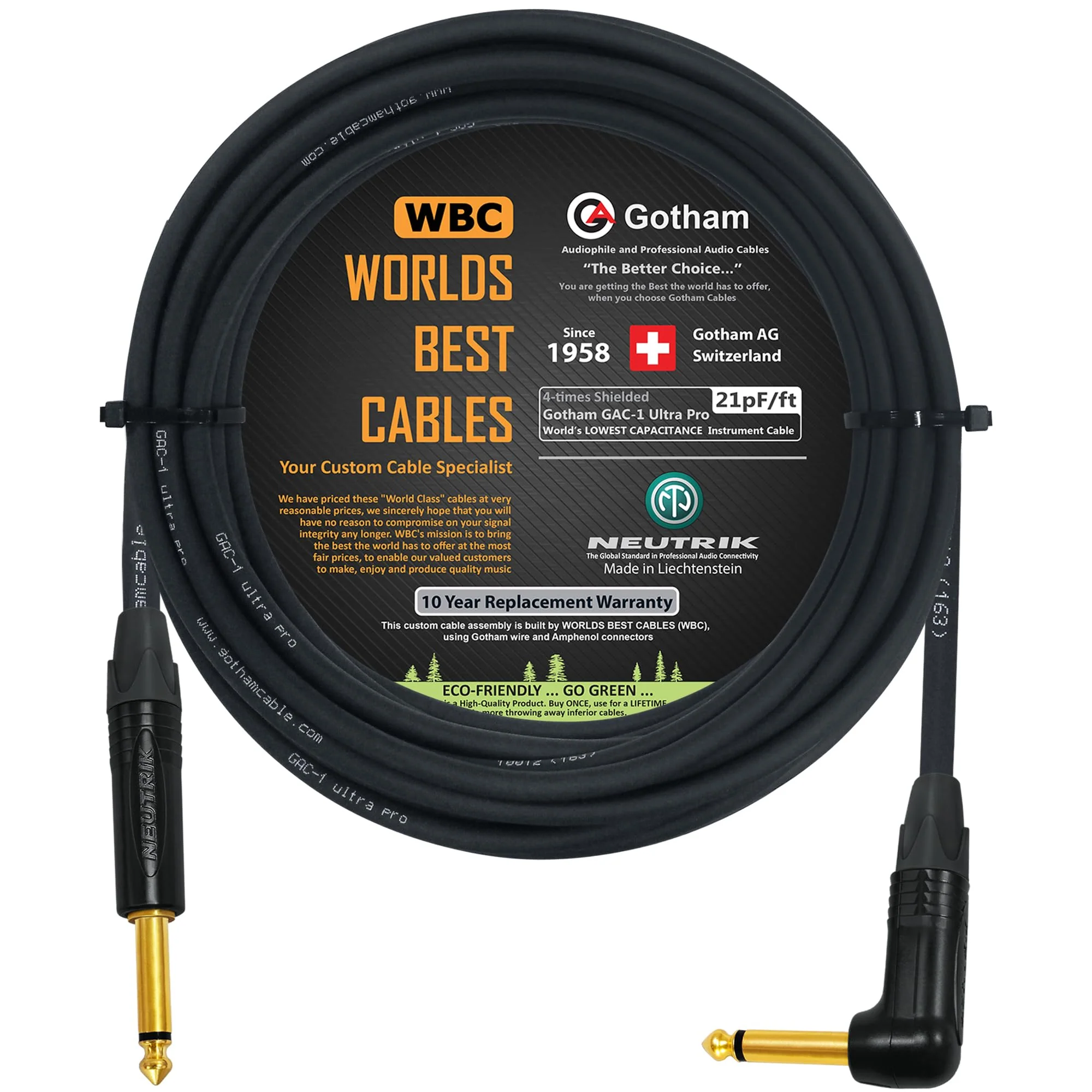 WORLDS BEST CABLES 50 Foot - Gotham GAC-1 Ultra Pro - Premium Low-Cap (21 pf/F) Guitar Bass Instrument Cable – w/Neutrik Gold Straight to Angled ¼ inch (6.35mm) TS Connectors - Custom Made