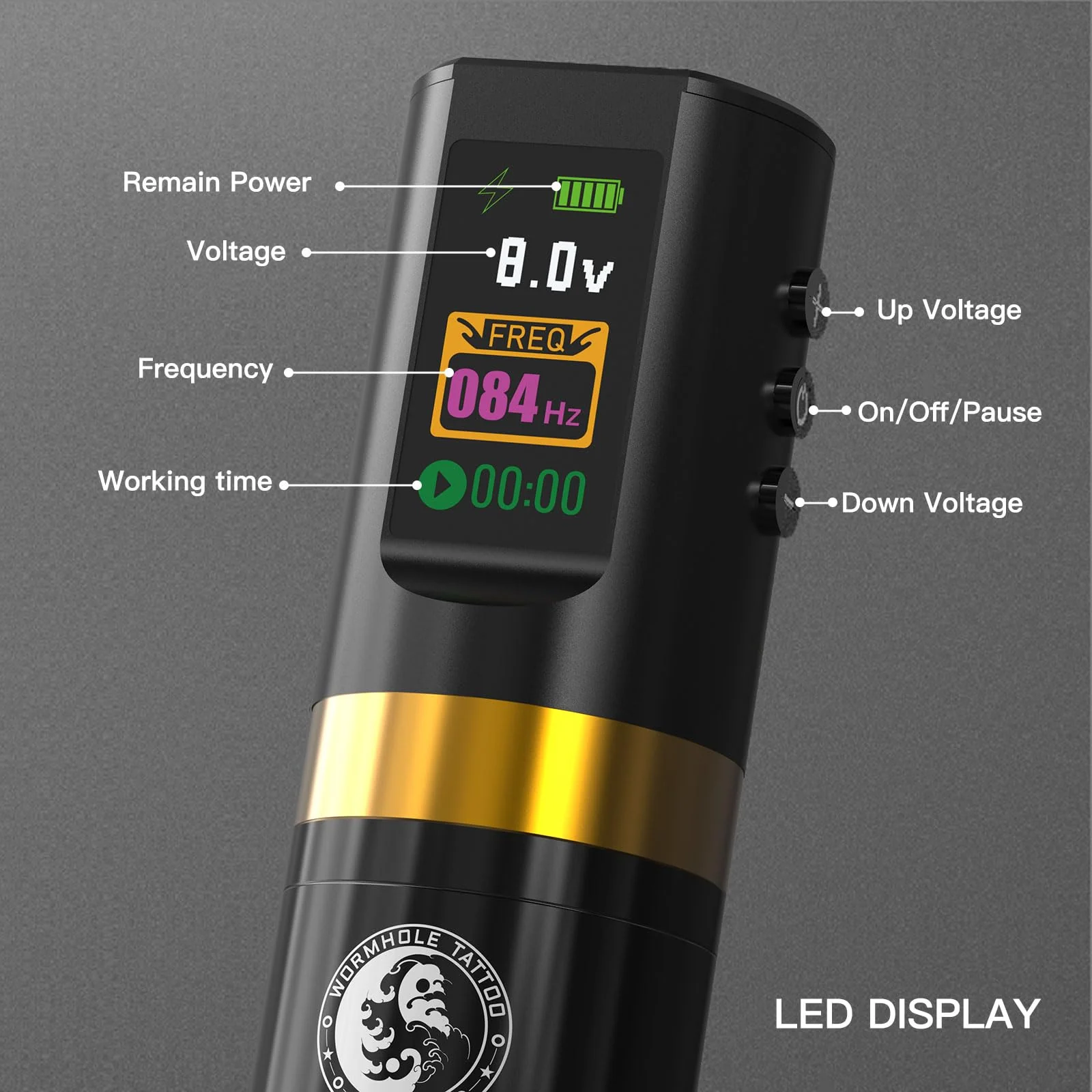 Wormhole Tattoo 58Pcs Complete Tattoo Gun Kit - Aluminum Alloy LED Smart Tattoo Pen Wireless Tattoo Machine with 1800mAh Battery for Tattoo Beginners - Black WTK313 - Image 4