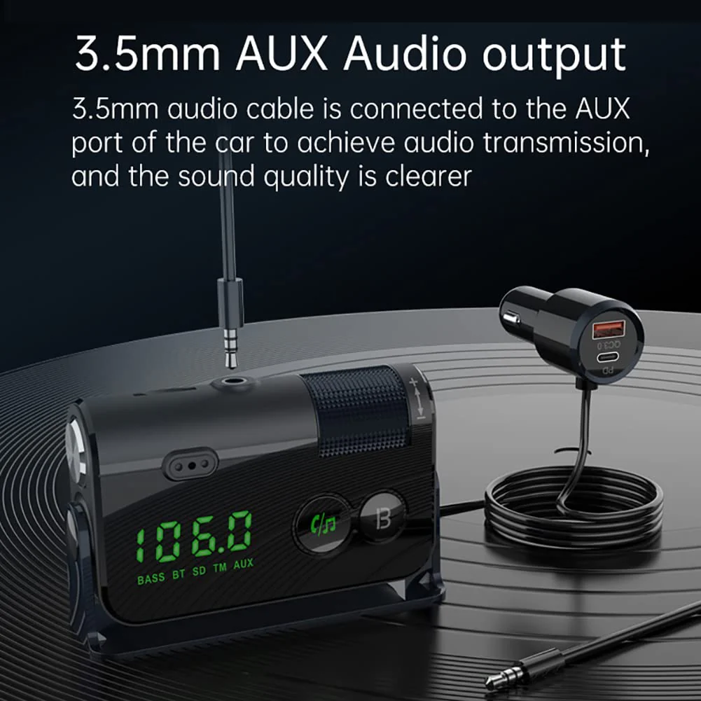 WYYHAA Fm Bluetooth Transmitter Car, 2 Microphones & QC3.0 +Type-C PD 18W HiFi Bass, Car Bluetooth Adapter Supports Hands-Free Calling, Siri Google Assistant, TF Card AUX Output, Blue - Image 6