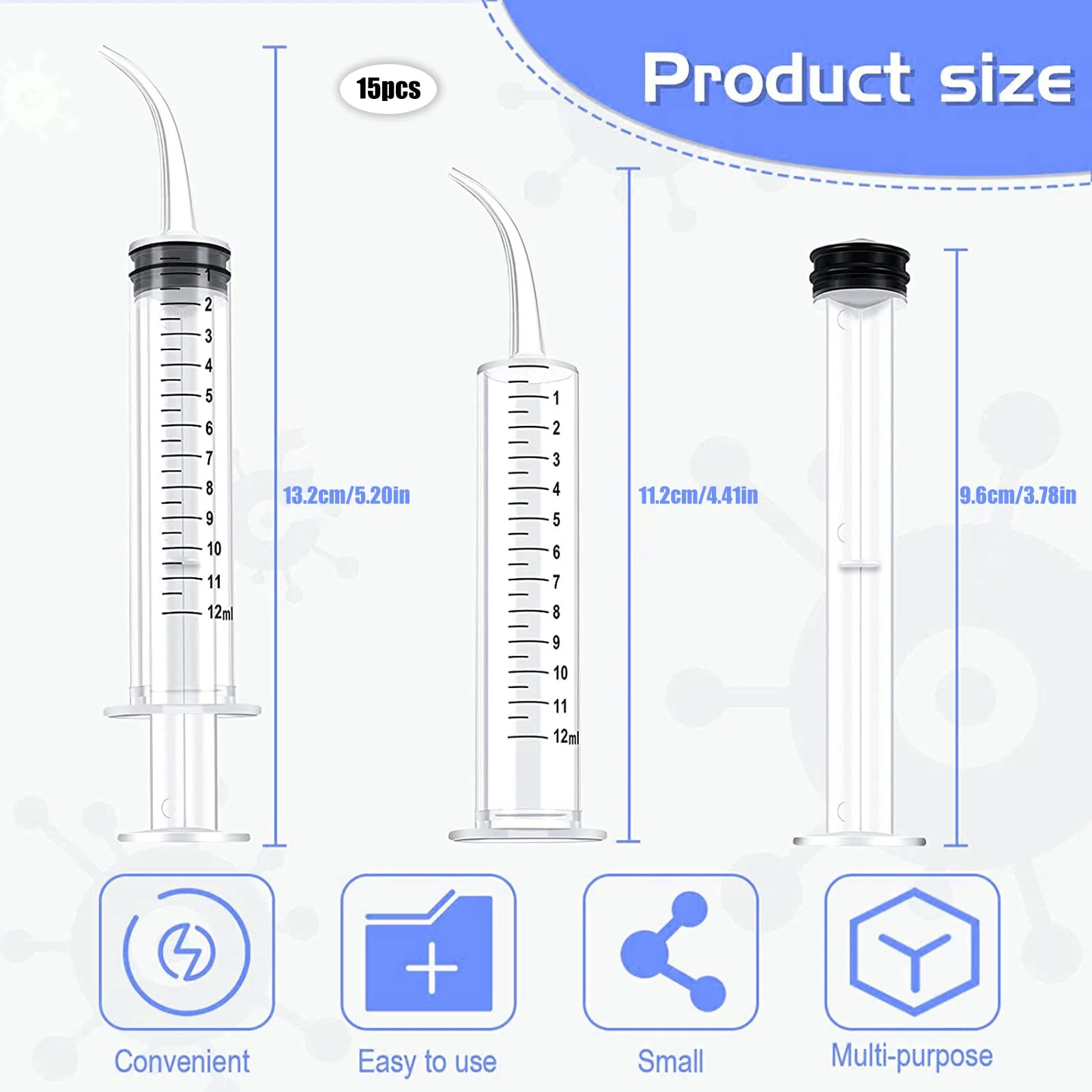 WZYTEU Pack of 15 Disposable Dental Syringe 12 ml with Curved Tip for Dental Care, Pet Care, Glue Filling, Laboratory - Image 2