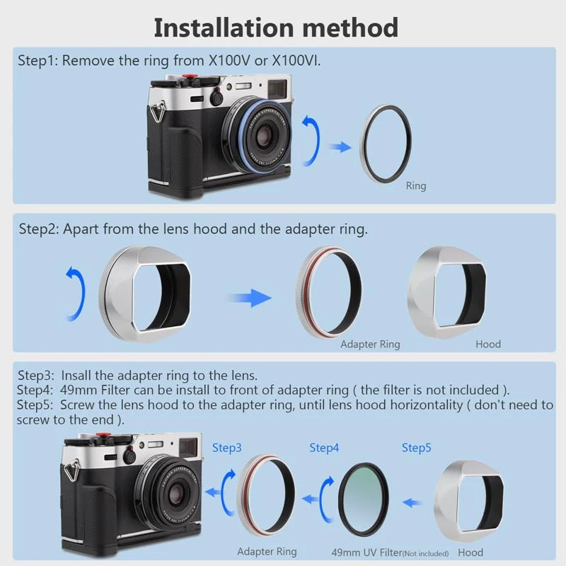 X100VI Square Metal Lens Hood for Fujifilm Fuji X100VI Camera Silver with 49mm UV Filter Adapter Ring Haoge LH-X54W - Image 7