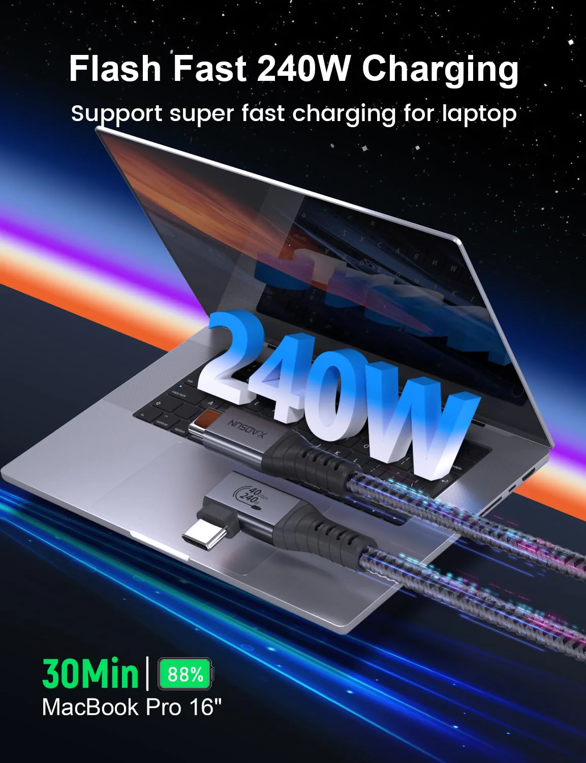 XAOSUN 240W USB 4 Cable for Thunderbolt 4, 3.3FT Right Angle Thunderbolt 4 Cable 90 Degree, 40Gbps [USB-IF Certified] USB C to USB C Cable 8K@60Hz, for MacBook, SSD, Docking, eGPU and iPhone 16 - Image 2