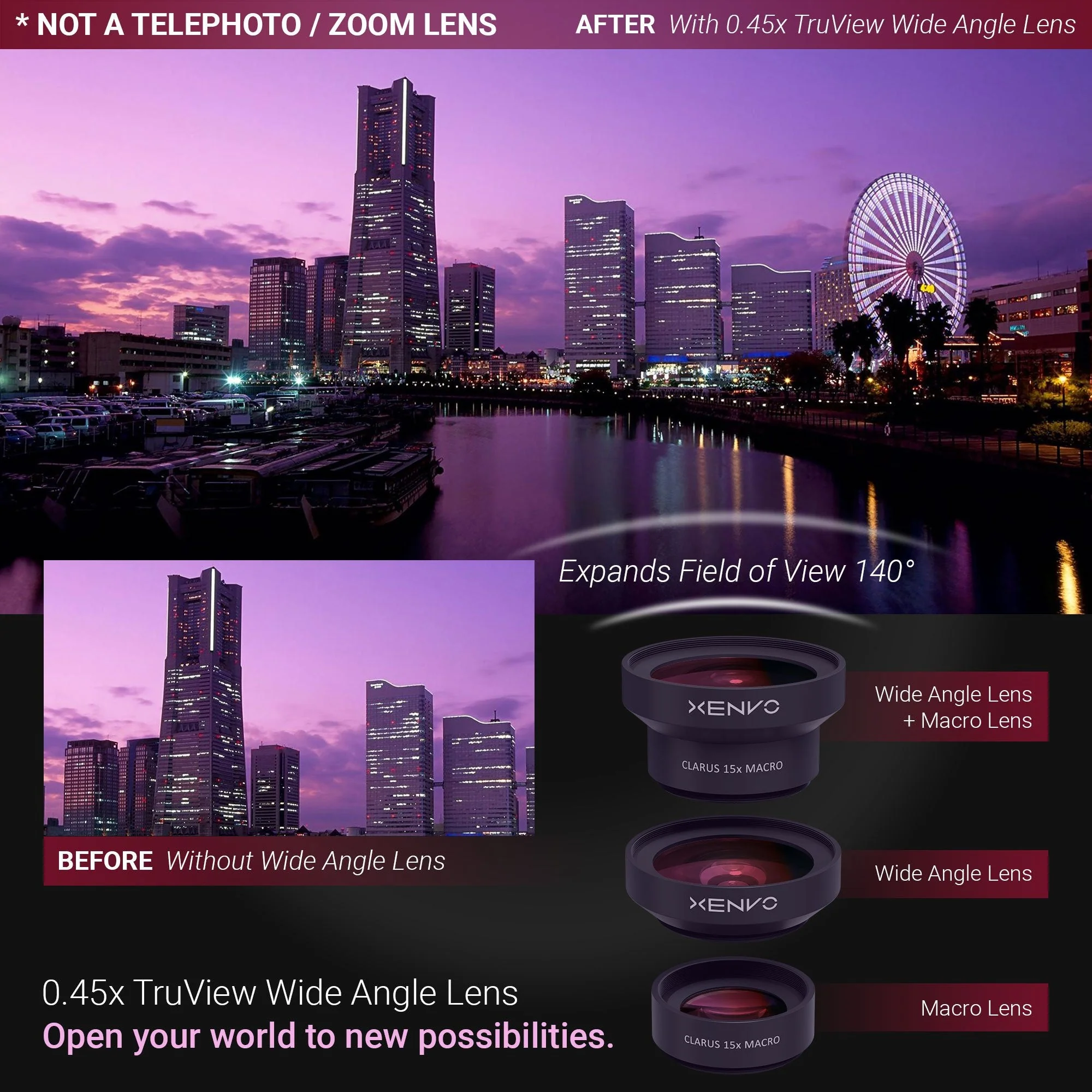 Xenvo Pro Lens Kit for iPhone, Samsung, Pixel, Macro and Wide Angle Lens with LED Light and Travel Case - Image 2