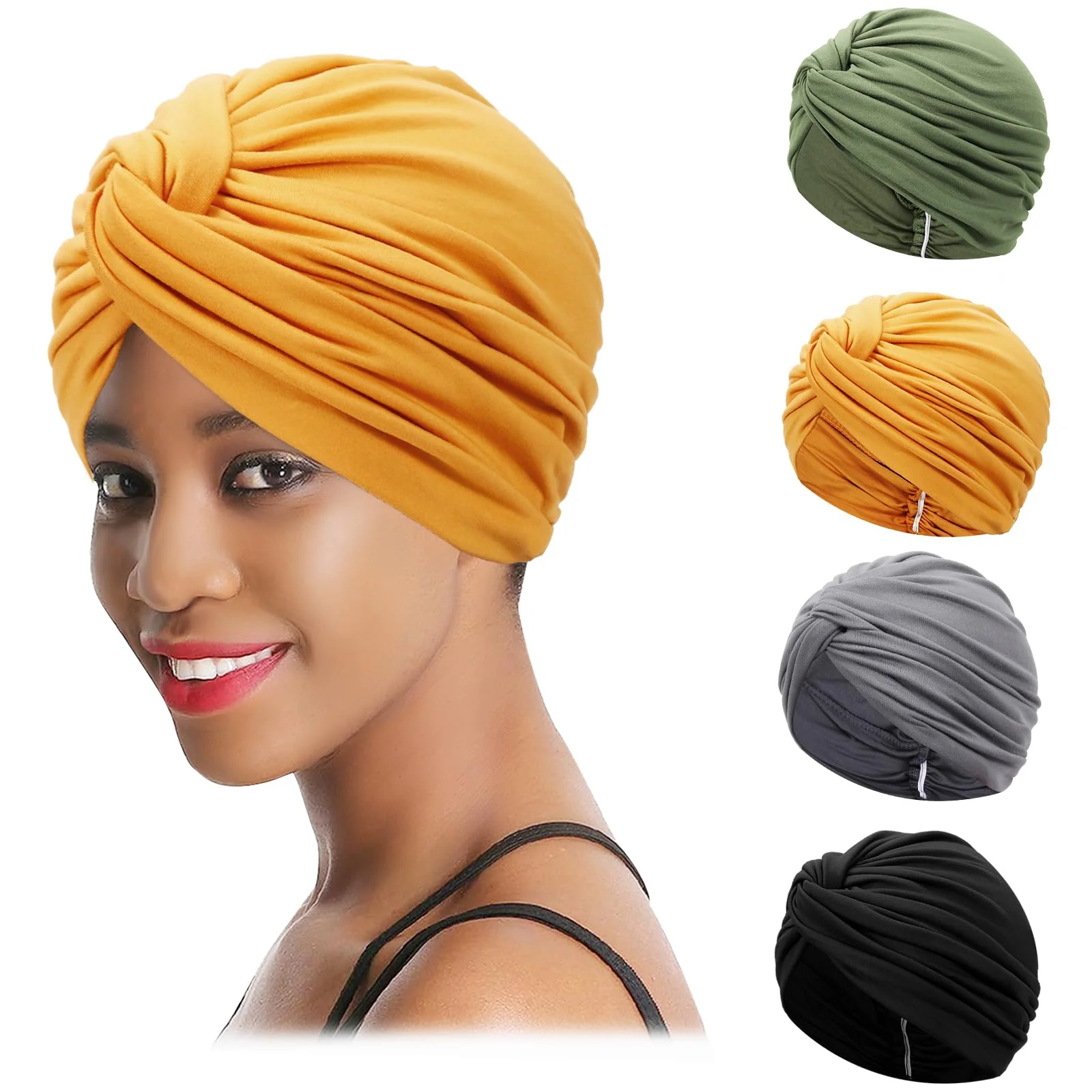 XEPST 4 Pieces Turbans for Women, Soft Pre Tied Knot Turban Head Wraps Chemo Headwear Pleated Beanie Cap Sleep Hat One Size Black, Grey, Yellow, Green