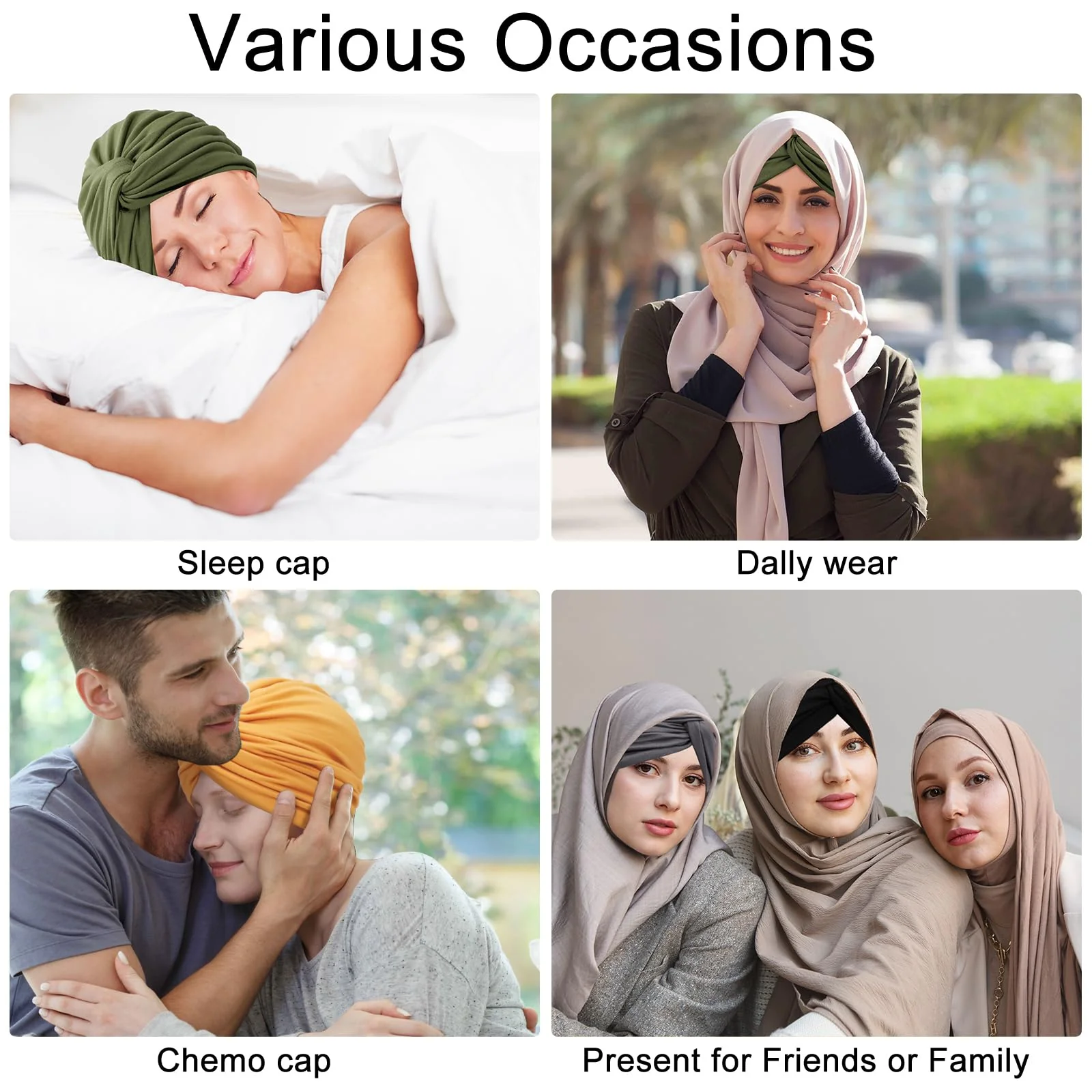 XEPST 4 Pieces Turbans for Women, Soft Pre Tied Knot Turban Head Wraps Chemo Headwear Pleated Beanie Cap Sleep Hat One Size Black, Grey, Yellow, Green - Image 7