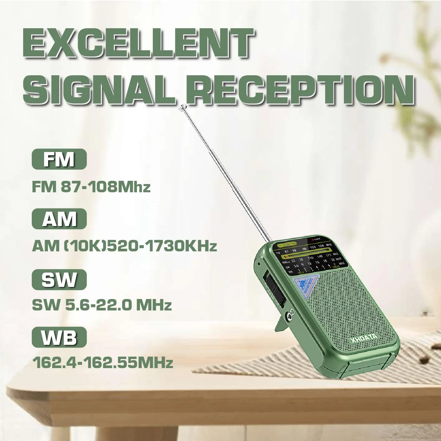 XHDATA D221 NOAA Weather Radio Portable AM FM Shortwave Radio Receiver, 2 AA Battery Operated, Transistor Radio with Excellent Reception for Gift, Family, Elder (Green) Green - Image 4
