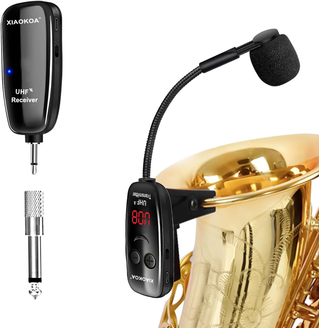XIAOKOA Wireless Microphone for Saxophone, UHF Wireless Microphone for Musical Instruments, Wireless Receiver and Transmitter for Saxophone/Trumpet/Trombone/Clarinet