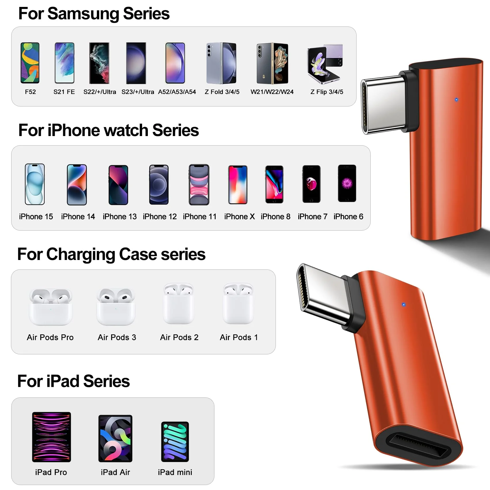xiwxi 2Pack 90 Degree Lightning to USB C Charger Converter for iPhone 15/15Pro/15 Pro Max Plus,Samsung S24 S23,iPad Air,27W PD Fast Charging&Data Transfer,Type C Devices,Not Audio/OTG/PS/2 Cables Orange - Image 2