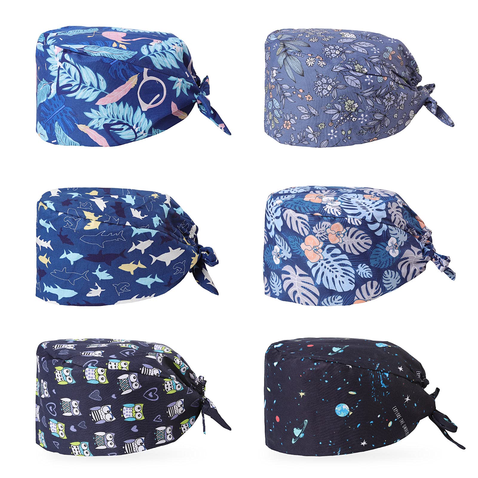 XiYee Pack of 6 Work Caps, Adjustable Cotton Beauty Hat, Turban Cap, Printed Soft Caps, Unisex, Hair Cover with Sweatband for Women and Men XL a