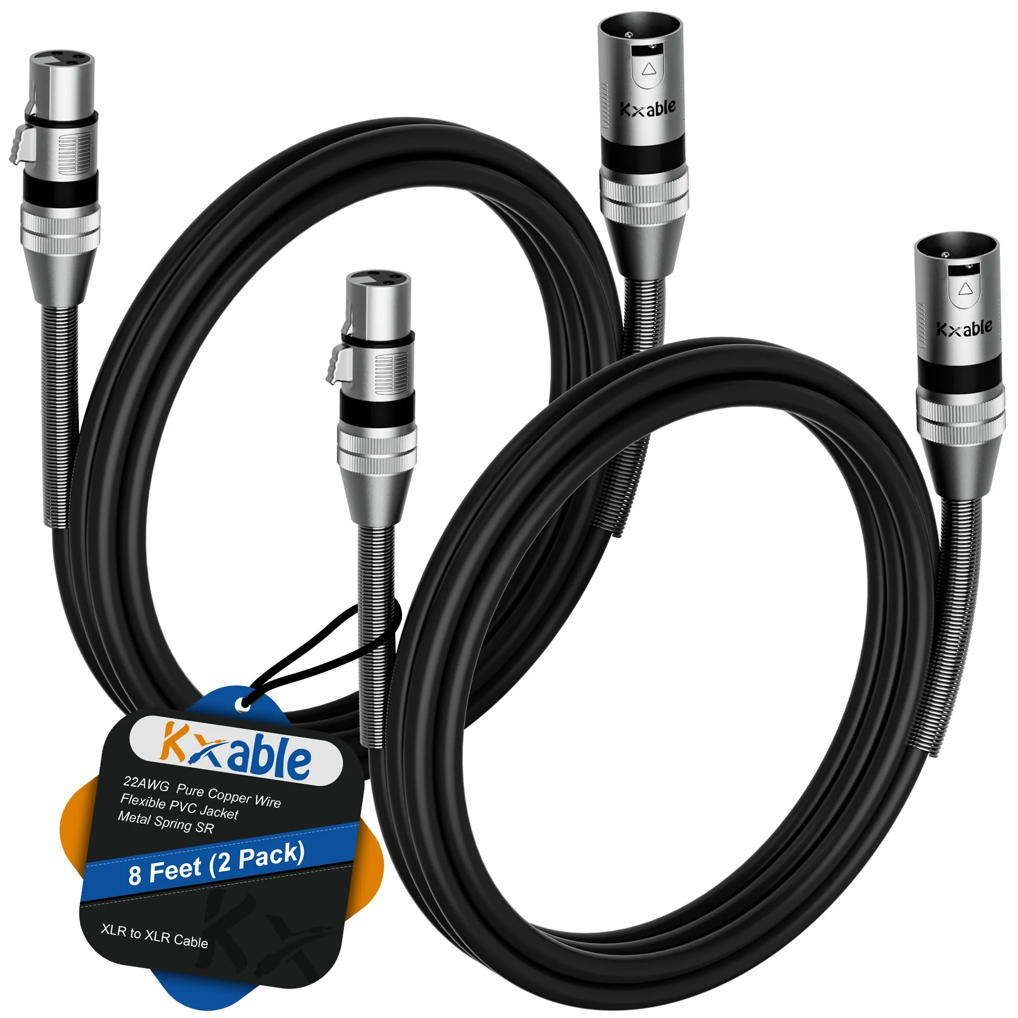 XLR Cable 8 Feet (2 Pack), 22AWG, Zinc Alloy Shells, XLR Male to Female Heavy Duty Cable, 3 Pin Balanced Shielded Microphone Cord, Durable & Flexible Patch XLR Cable, Metal Spring SR-Black 8FT 2-Pack