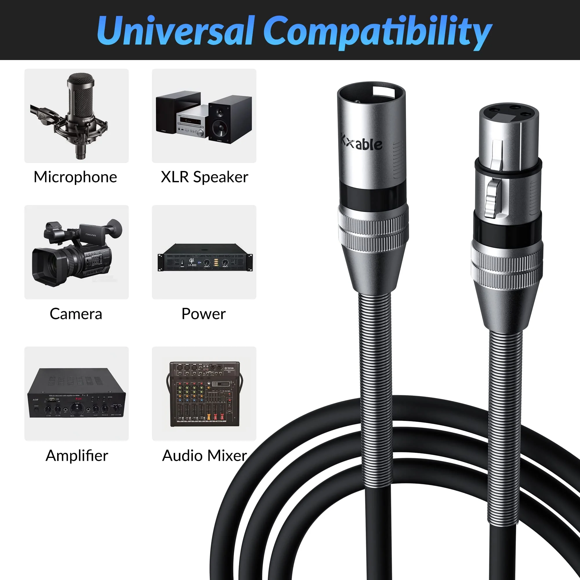 XLR Cable 8 Feet (2 Pack), 22AWG, Zinc Alloy Shells, XLR Male to Female Heavy Duty Cable, 3 Pin Balanced Shielded Microphone Cord, Durable & Flexible Patch XLR Cable, Metal Spring SR-Black 8FT 2-Pack - Image 7