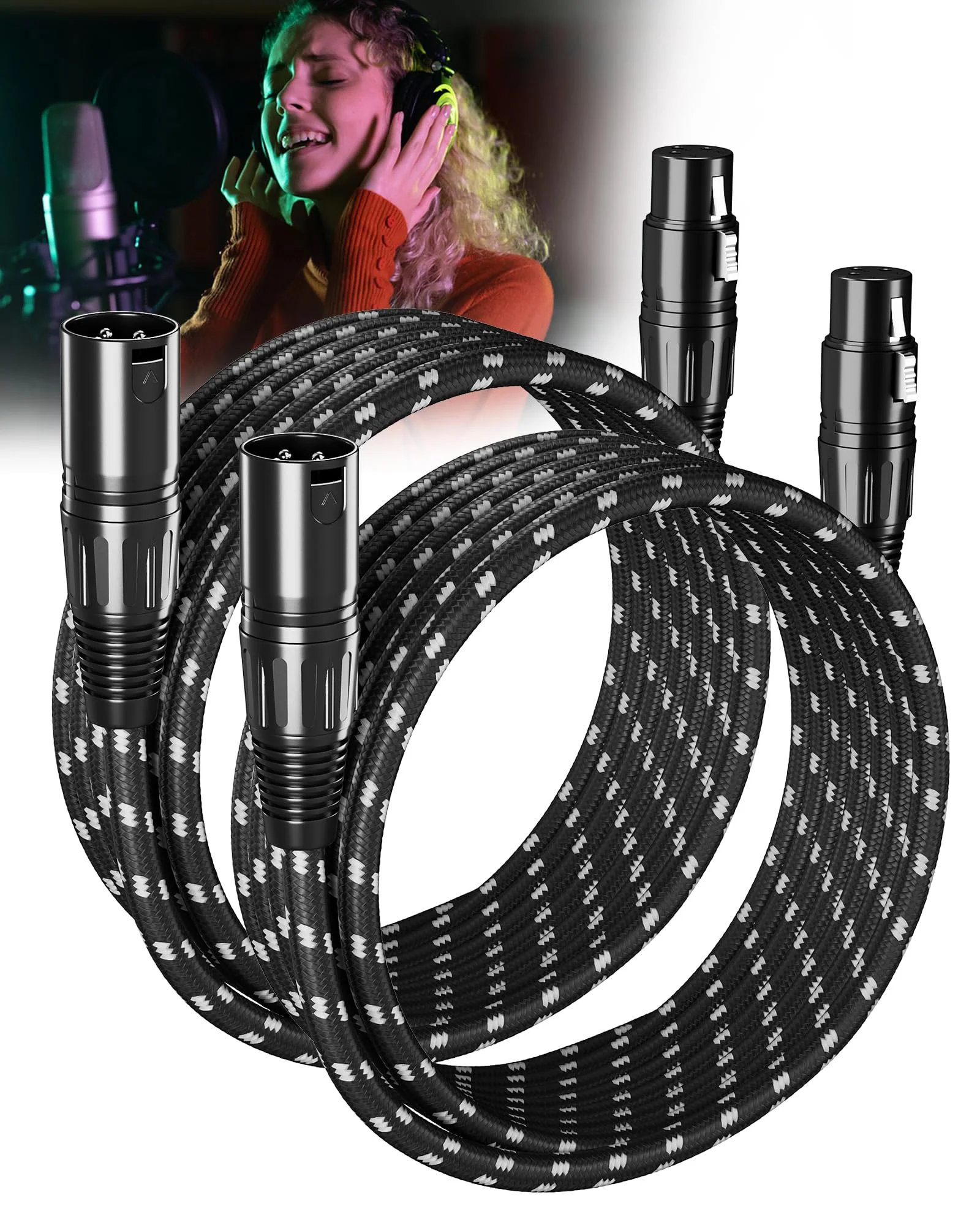 XLR Cables 15 Feet 2 Pack Fully Balanced Nylon Braided XLR Mic Cord Male to Female Microphone Cable 3 pin Oxygen-Free Copper (OFC) for Studio Recording Live 15ft Black and White 15 Feet (4.6m) Nylon Black-White