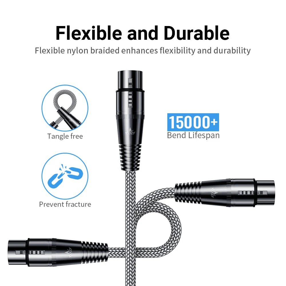 XLR Cables 16.4FT/5M, Premium Nylon Braided & Gold-Plated Rean Connectors, Male to Female Balanced Microphone Cable -Gray - Image 2