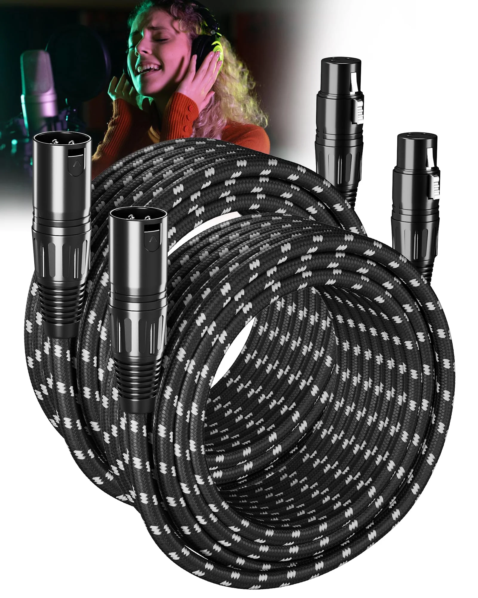 XLR Cables 25ft 2 Pack Fully Balanced Nylon Braided XLR Mic Cord Male to Female Microphone Cable 3 pin Oxygen-Free Copper (OFC) for Studio Recording Live Production 25 Feet 25 Feet (7.6m) Nylon Black-White
