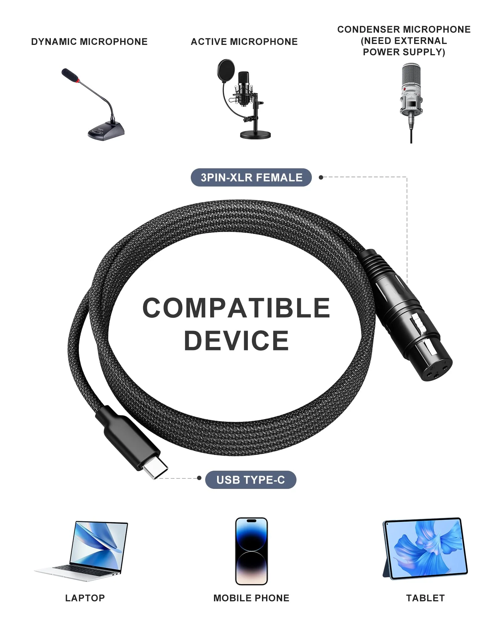 XLR Cables 6FT XLR to USB C Cable,USB C Male to XLR Female 3-Pin Connector Adapter Microphones Audio Cable for Microphone Recording,Connects to Smartphones and Tablets - Image 6