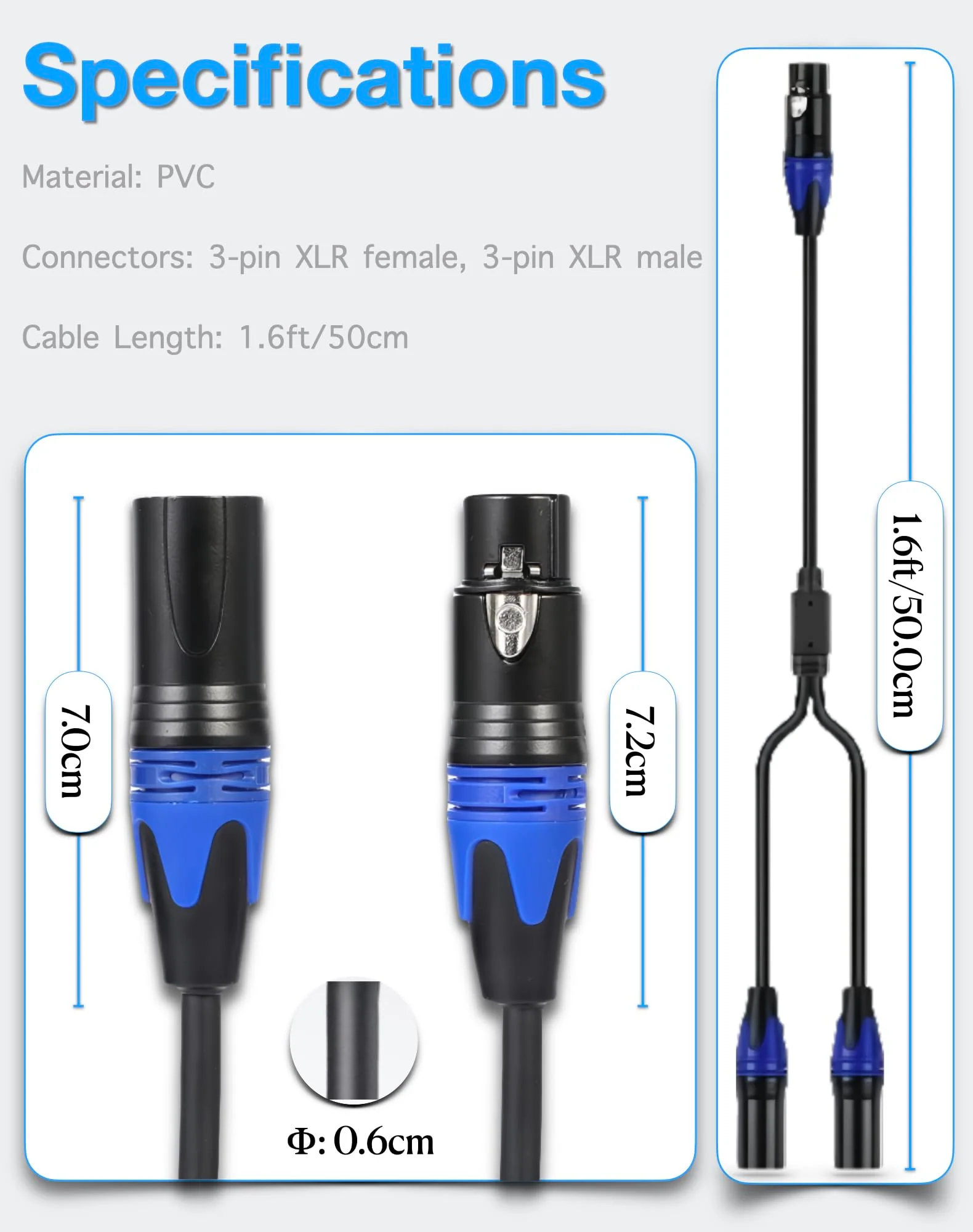 XLR Splitter Female to 2 Male Cable, XLR Microphone Cable, XLR Y Splitter Cable 1 Female 2 Male, 3 PIN XLR Jack to 2 XLR Plugs Adaptor Cord, 1 foot, blue - Image 3