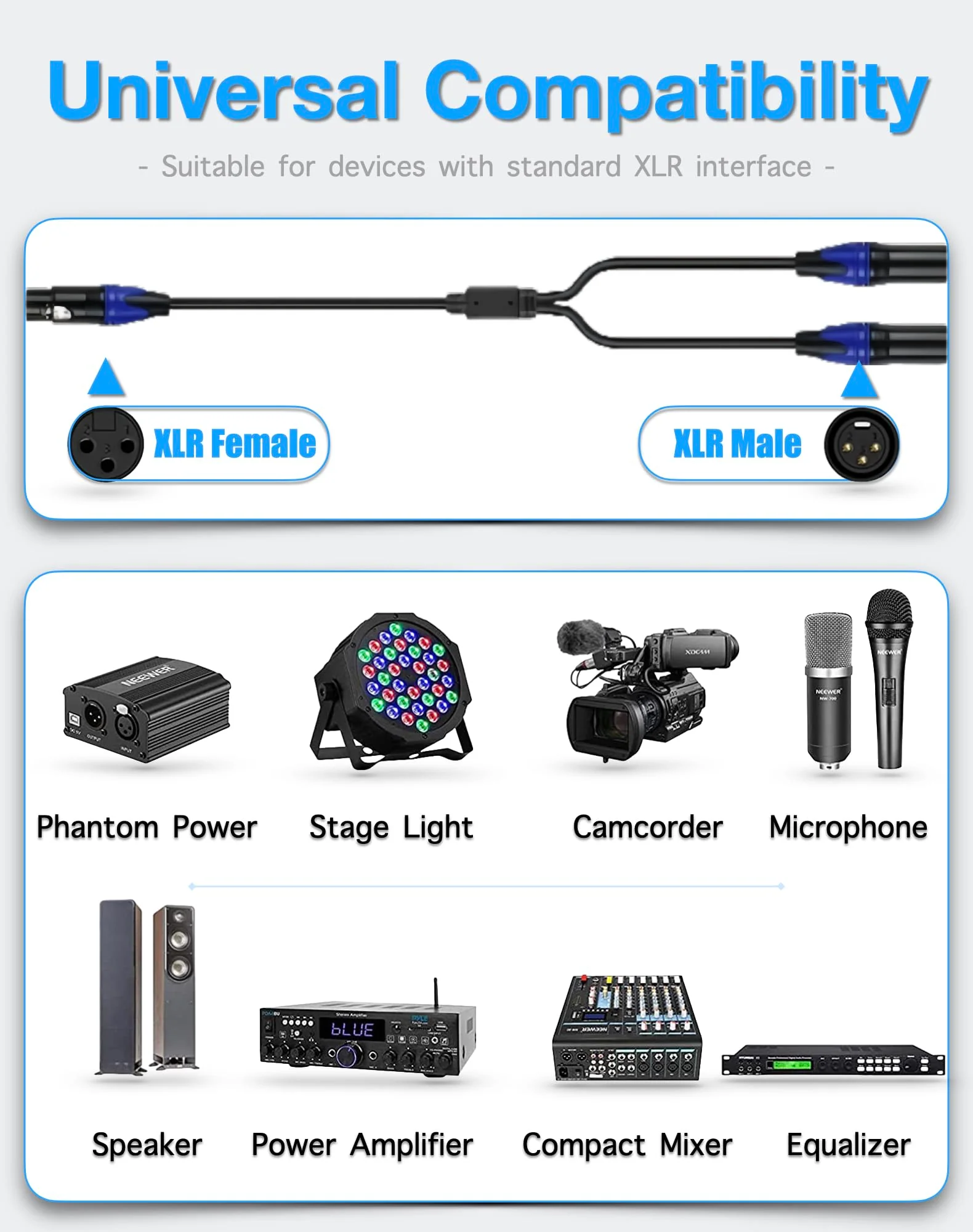 XLR Splitter Female to 2 Male Cable, XLR Microphone Cable, XLR Y Splitter Cable 1 Female 2 Male, 3 PIN XLR Jack to 2 XLR Plugs Adaptor Cord, 1 foot, blue - Image 4
