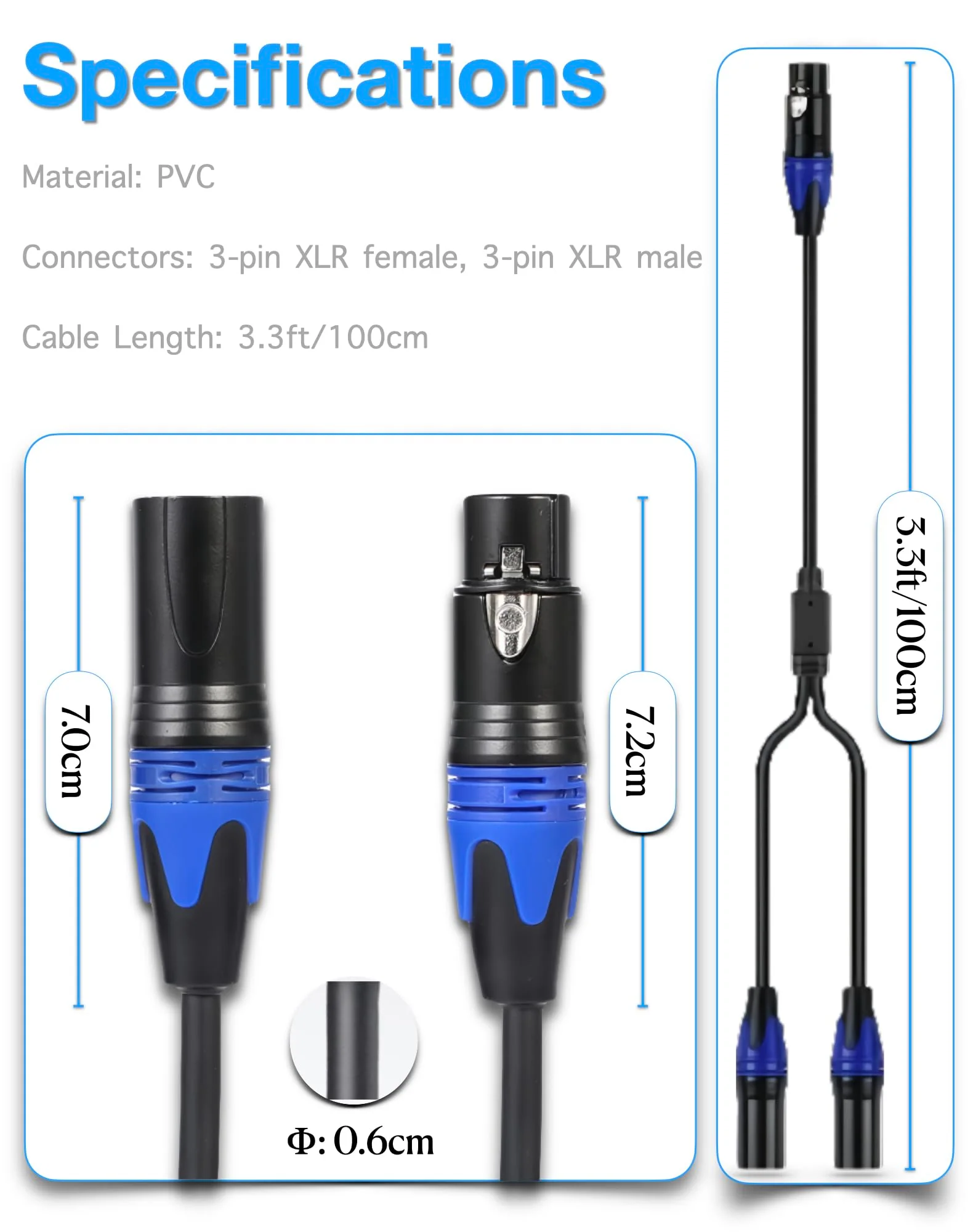 XLR Splitter Female to 2 Male Cable, XLR Microphone Cable, XLR Y Splitter Cable 1 Female 2 Male, 3 PIN XLR Jack to 2 XLR Plugs Adaptor Cord, 3,3 Foot, Blue - Image 3