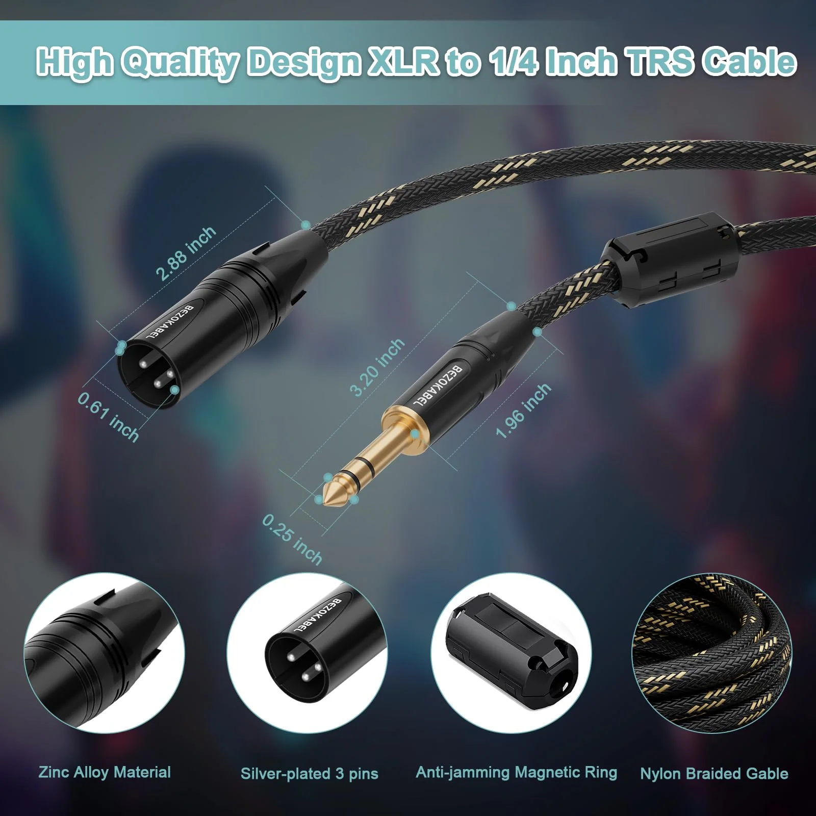 XLR to 1/4 inch(6.35mm), XLR Male to 1/4 Male 15ft 2packs, trs to xlr Cable, Quarter Inch to XLR Microphone Cable Nylon Braided 15ft 2Pack XLR Male to 6.35 - Image 4