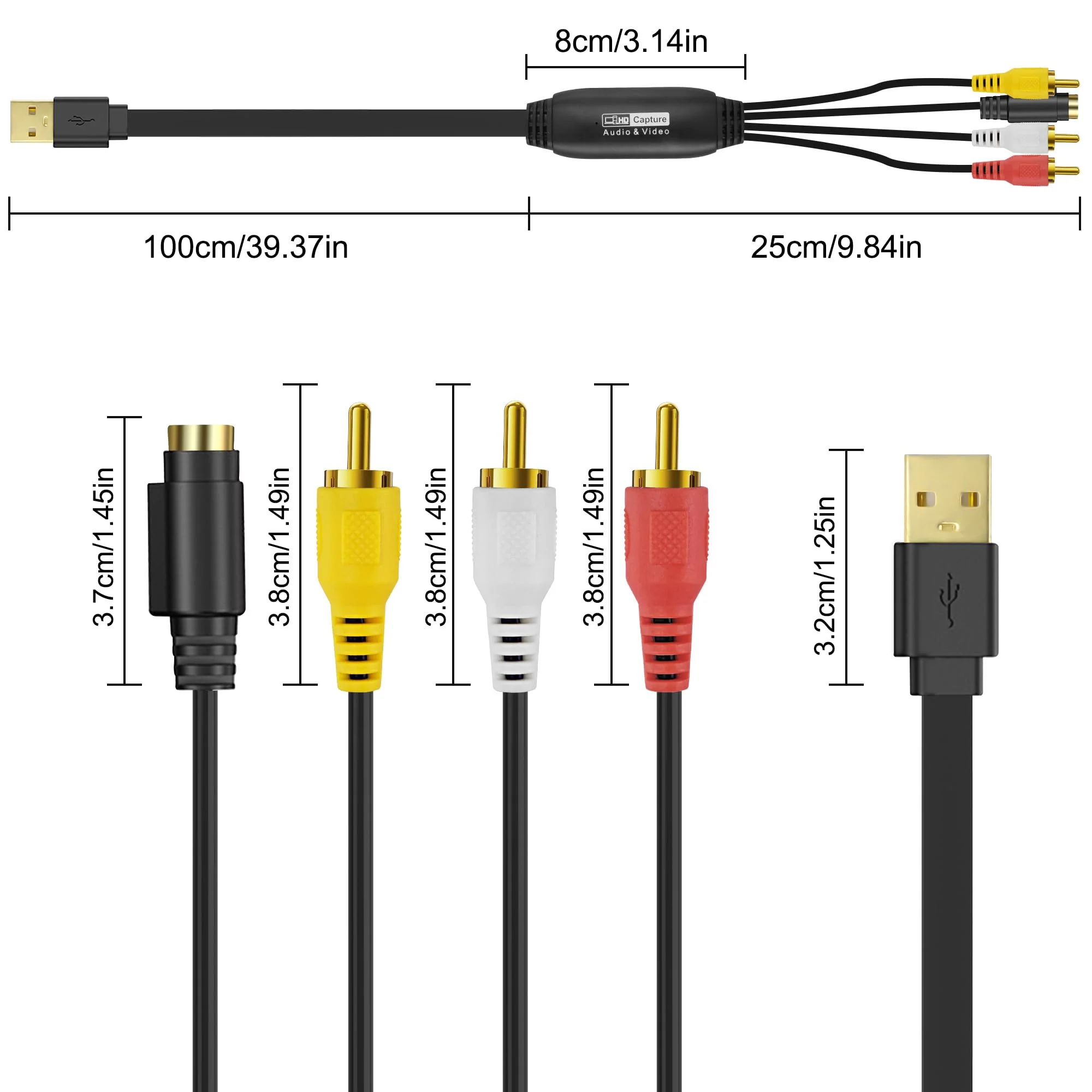 XMSJSIY USB 2.0 Audio Video Capture Card S Video RCA to USB Digital Grabber Recorder CVBS VHS VCR to Digital Converter for DVD Player,Laptop,PC,Tape Recording -1.2M/3.9FT (S-Video+3 RCA Male to USB) S-video+3 RCA Male to USB - Image 2