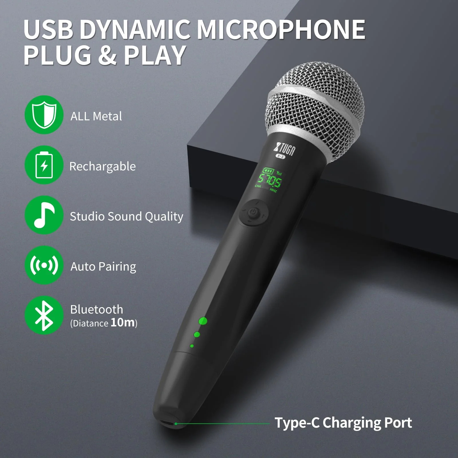 XTUGA Wireless Microphone, Rechargeable UHF Handheld Dynamic Wireless Mic with 2 Adapters Compatible with Phone/PC, Wireless Karaoke Microphone Bluetooth for Singing, Wedding, DJ, Party, Speech - Image 2