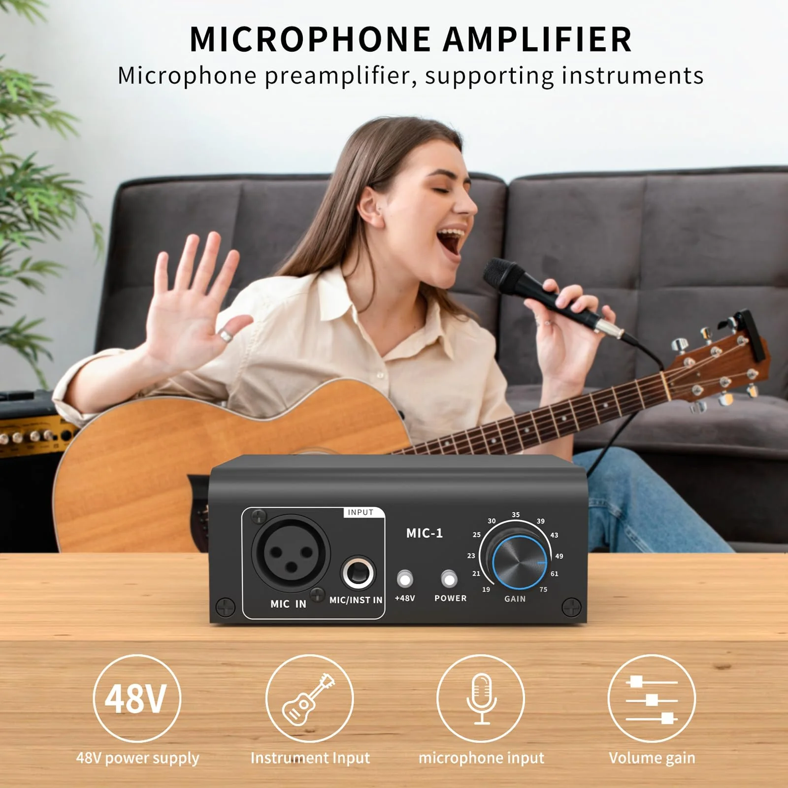XTUGA XIC1 Microphone Preamp for Dynamic and Condenser Microphones Booster with 2 Input Max 75db Gain 48V Phantom Power XLR Output - Image 3