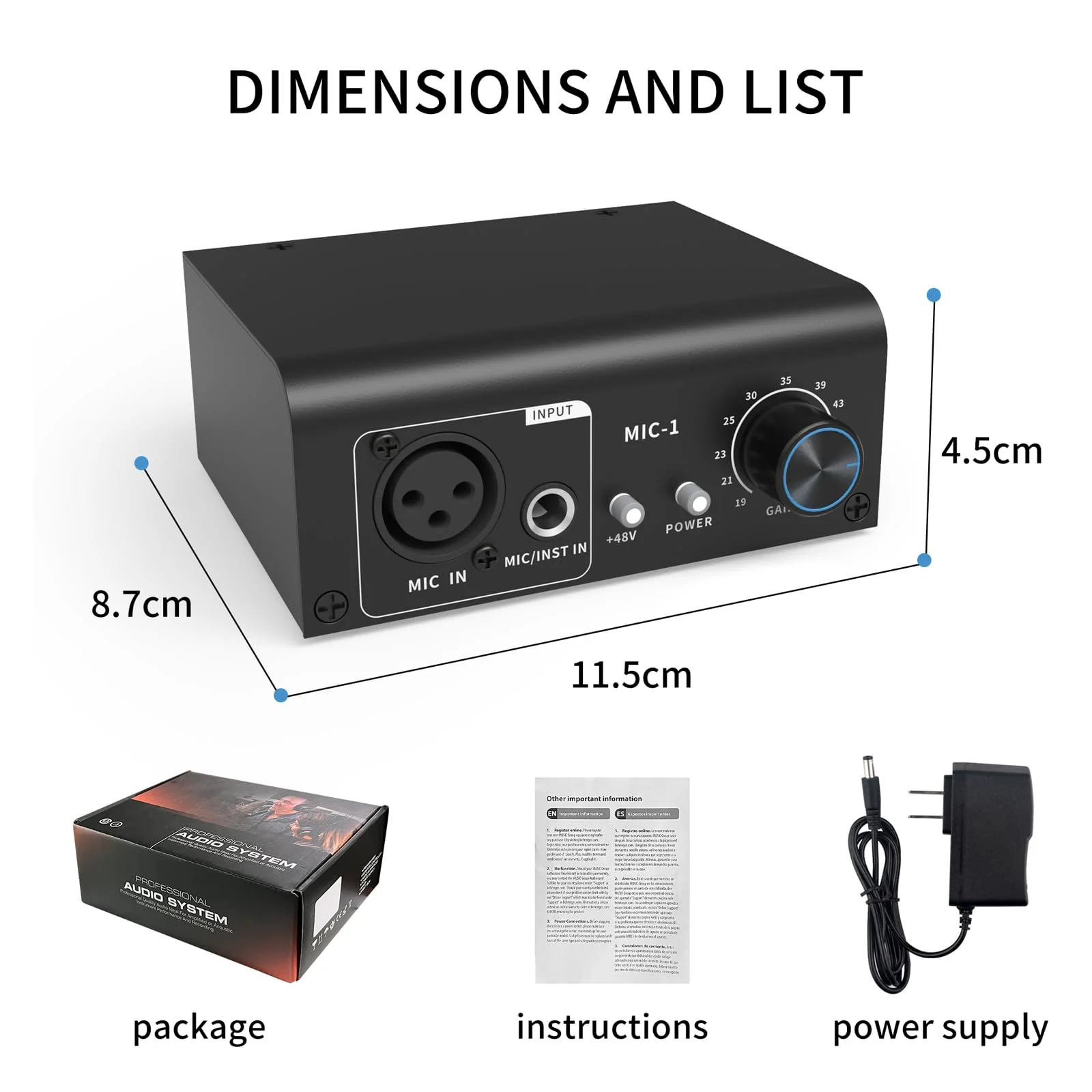 XTUGA XIC1 Microphone Preamp for Dynamic and Condenser Microphones Booster with 2 Input Max 75db Gain 48V Phantom Power XLR Output - Image 9