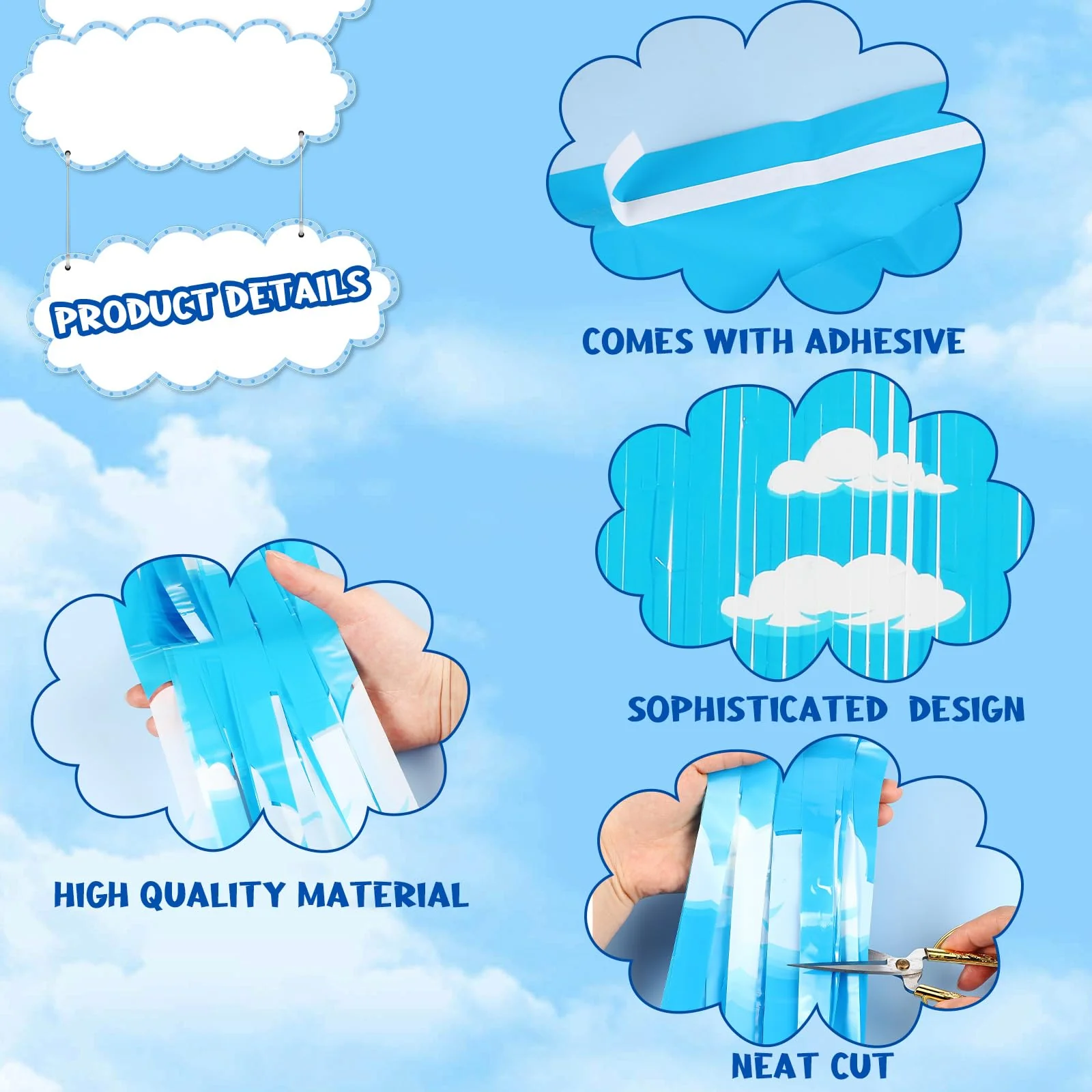 XunYee 3 Pack Blue Sky White Clouds Birthday Party Supplies, Clouds Theme Tinsel Foil Fringe Curtains Toy Party Supplies, Baby Kids Shower Cartoon Story Birthday Party Decorations - Image 4