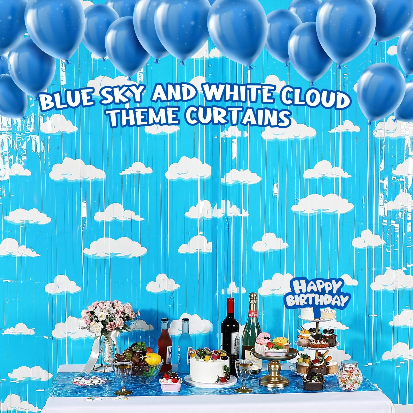 XunYee 3 Pack Blue Sky White Clouds Birthday Party Supplies, Clouds Theme Tinsel Foil Fringe Curtains Toy Party Supplies, Baby Kids Shower Cartoon Story Birthday Party Decorations - Image 5