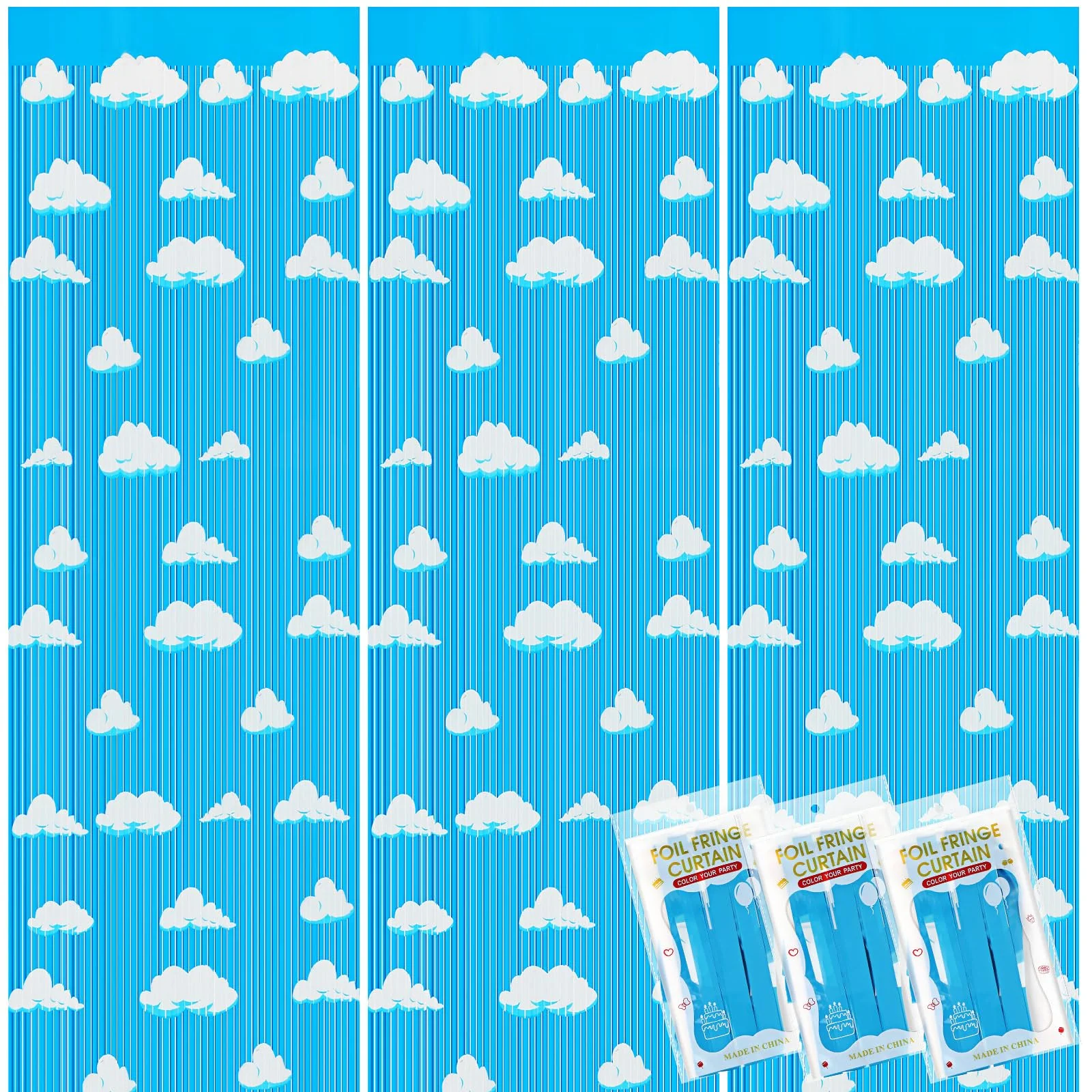 XunYee 5 Pack Blue Sky White Clouds Birthday Party Supplies, Clouds Theme Tinsel Foil Fringe Curtains Toy Party Supplies, Baby Kids Shower Cartoon Story Birthday Party Decorations