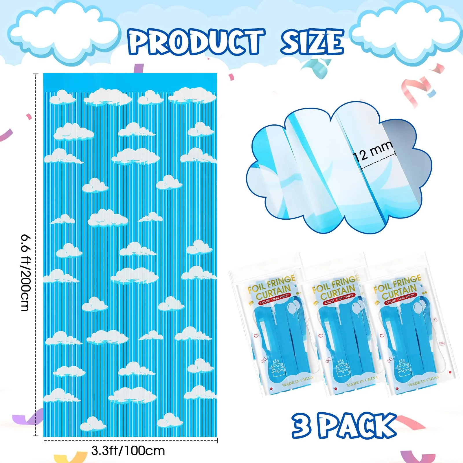 XunYee 5 Pack Blue Sky White Clouds Birthday Party Supplies, Clouds Theme Tinsel Foil Fringe Curtains Toy Party Supplies, Baby Kids Shower Cartoon Story Birthday Party Decorations - Image 3