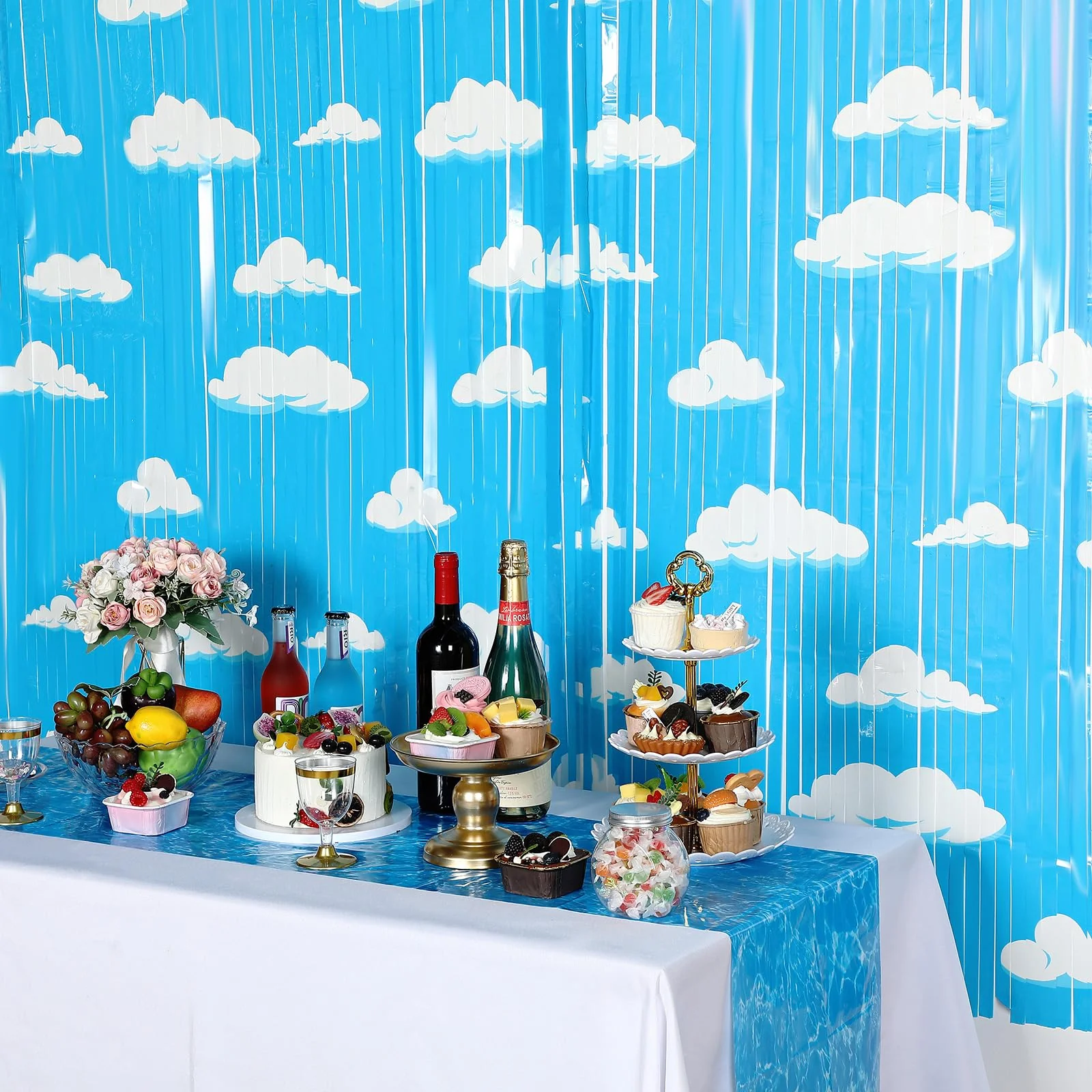 XunYee 5 Pack Blue Sky White Clouds Birthday Party Supplies, Clouds Theme Tinsel Foil Fringe Curtains Toy Party Supplies, Baby Kids Shower Cartoon Story Birthday Party Decorations - Image 7