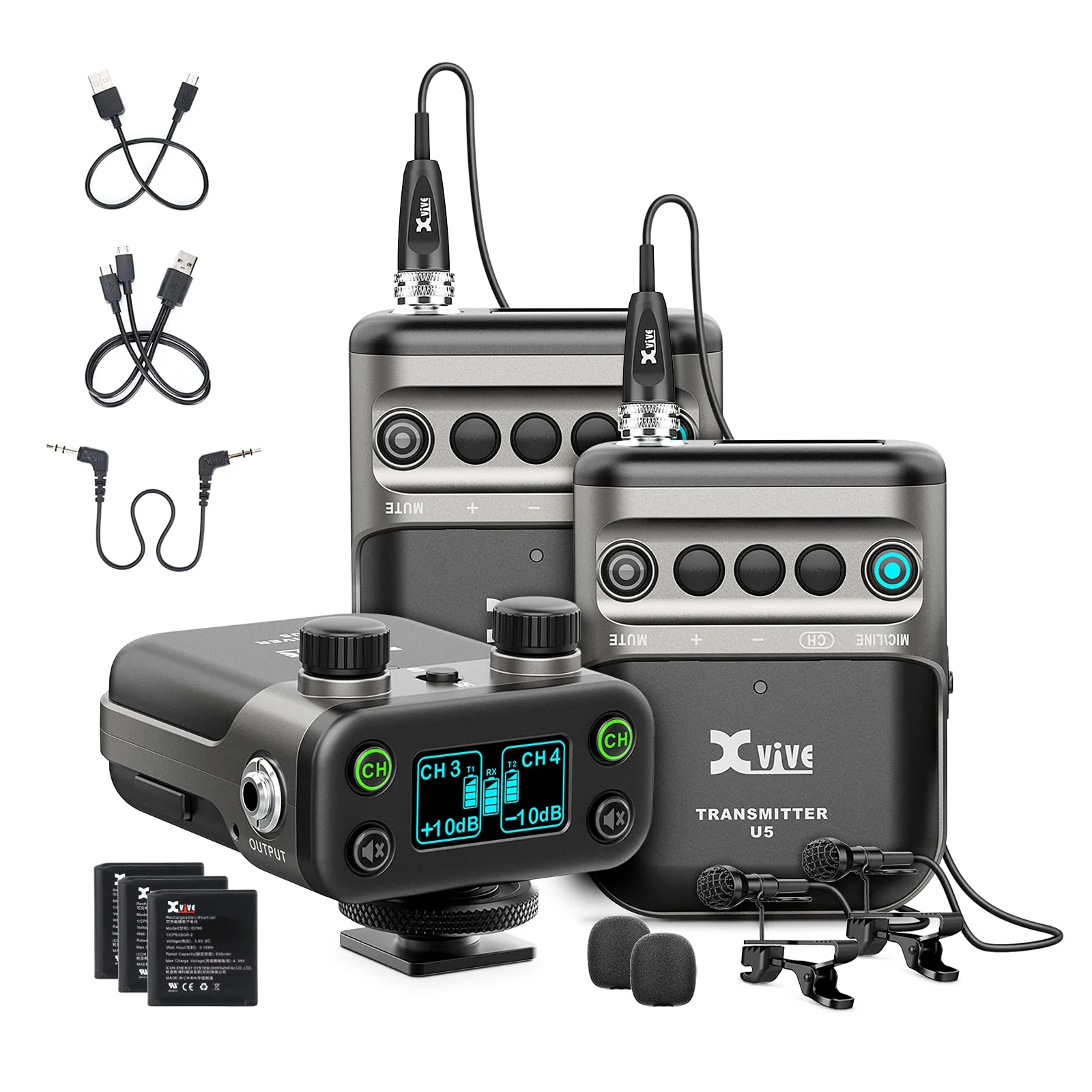 Xvive U5T2 Wireless Lavalier Microphone System with 2 Lavalier Mics 2 Transmitters 6ms Latency 2.4Ghz