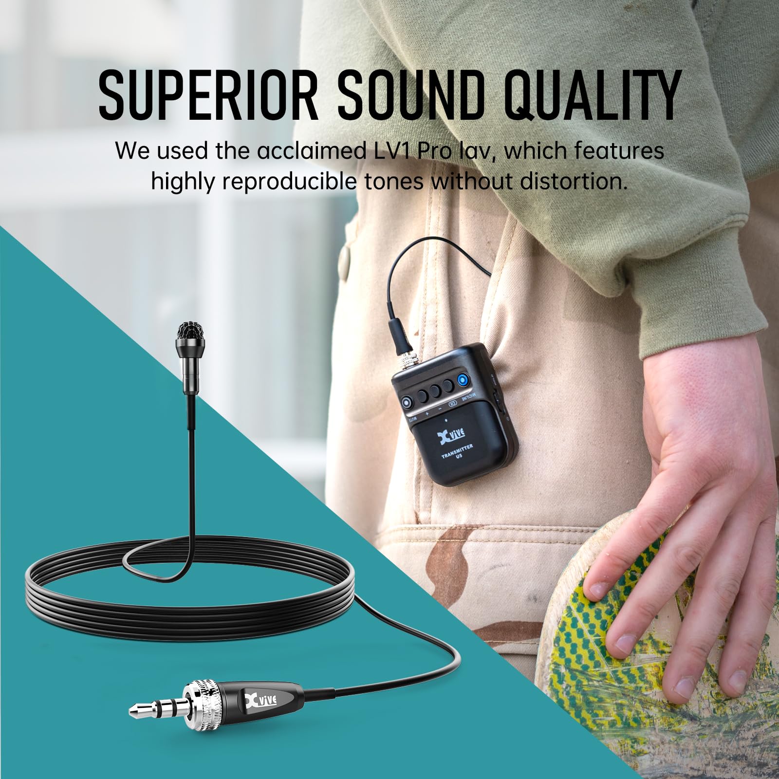 Xvive U5T2 Wireless Lavalier Microphone System with 2 Lavalier Mics 2 Transmitters 6ms Latency 2.4Ghz - Image 2