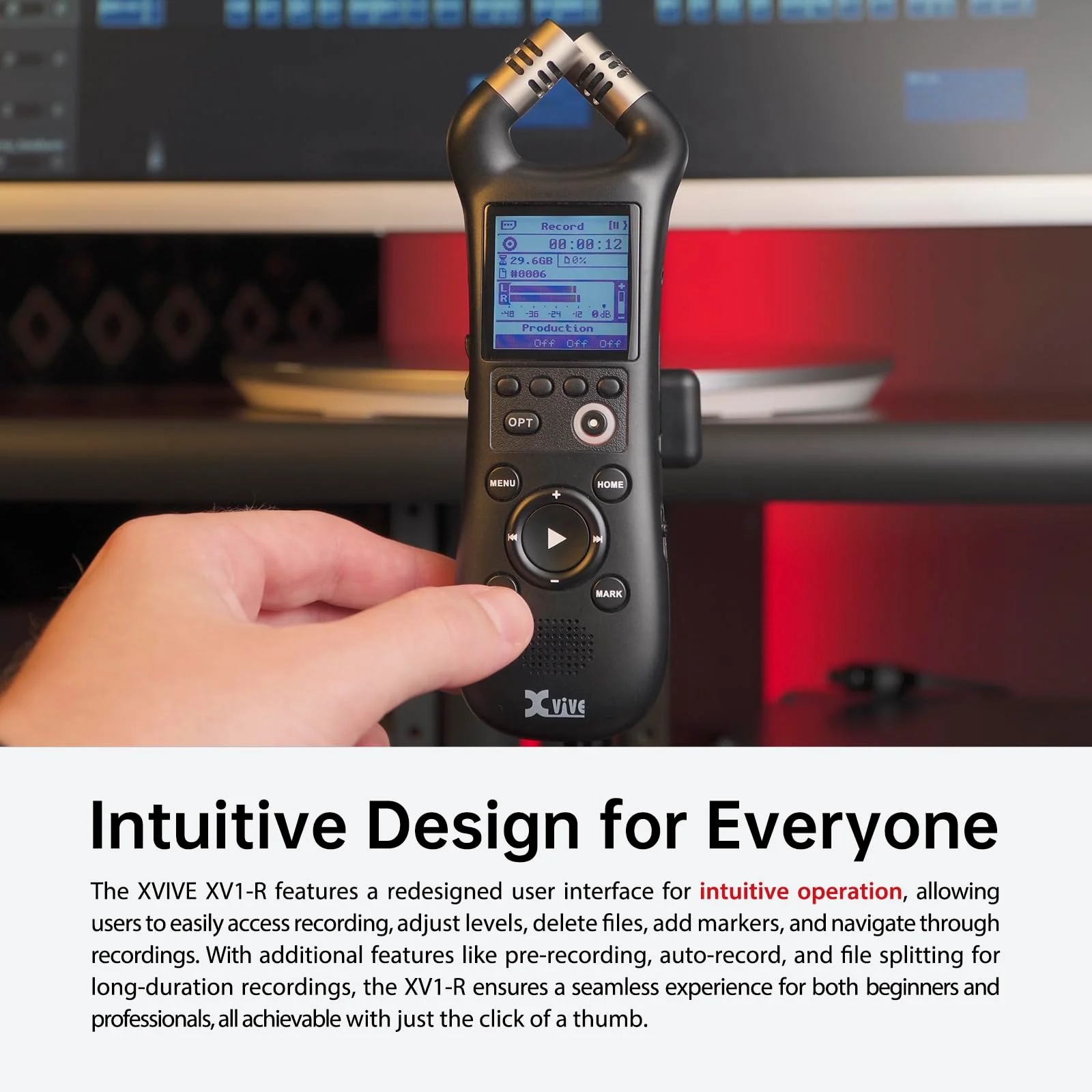 Xvive XV1-R Portable Stereo Audio Recorder with 32-Bit Float, X/Y Microphones, WAV/AAC Format, USB Microphone, Auto Record, for Musicians, Podcasters, Filmmakers - Image 3