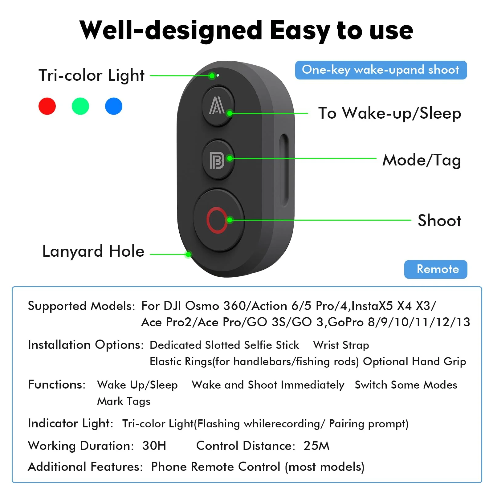 YDW Bluetooth Remote Controller Compatible with DJI Osmo 360/Action 6/5 Pro/4,for Insta 360X5 X4 X3/Ace Pro2/Ace Pro/GO 3S/GO 3 Wireless Remote Controller,114FT Range Action Camera Accessories - Image 5