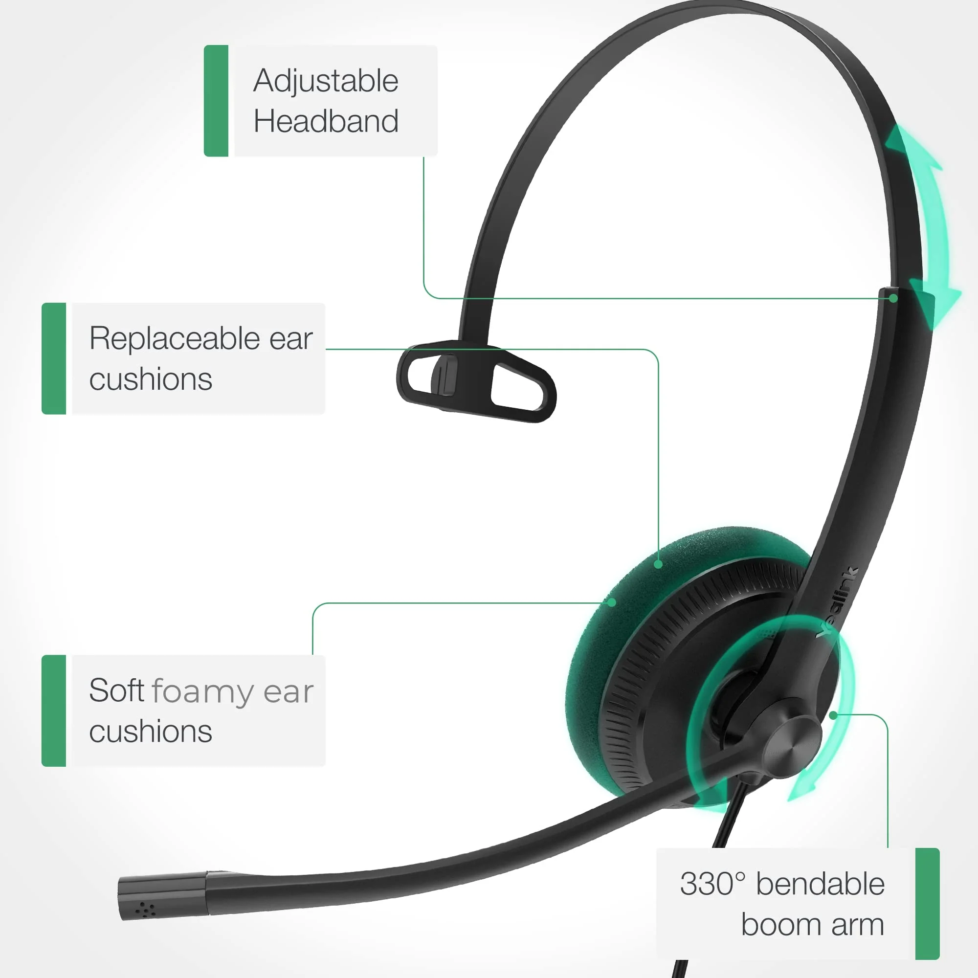 Yealink UH34 USB Headset with Mic, Single Ear Wired Headphones with Noise Cancelling Microphones, Professional Work Headphones VoIP Phone Computer Call Center Office,Ultra Light Mono - Image 8