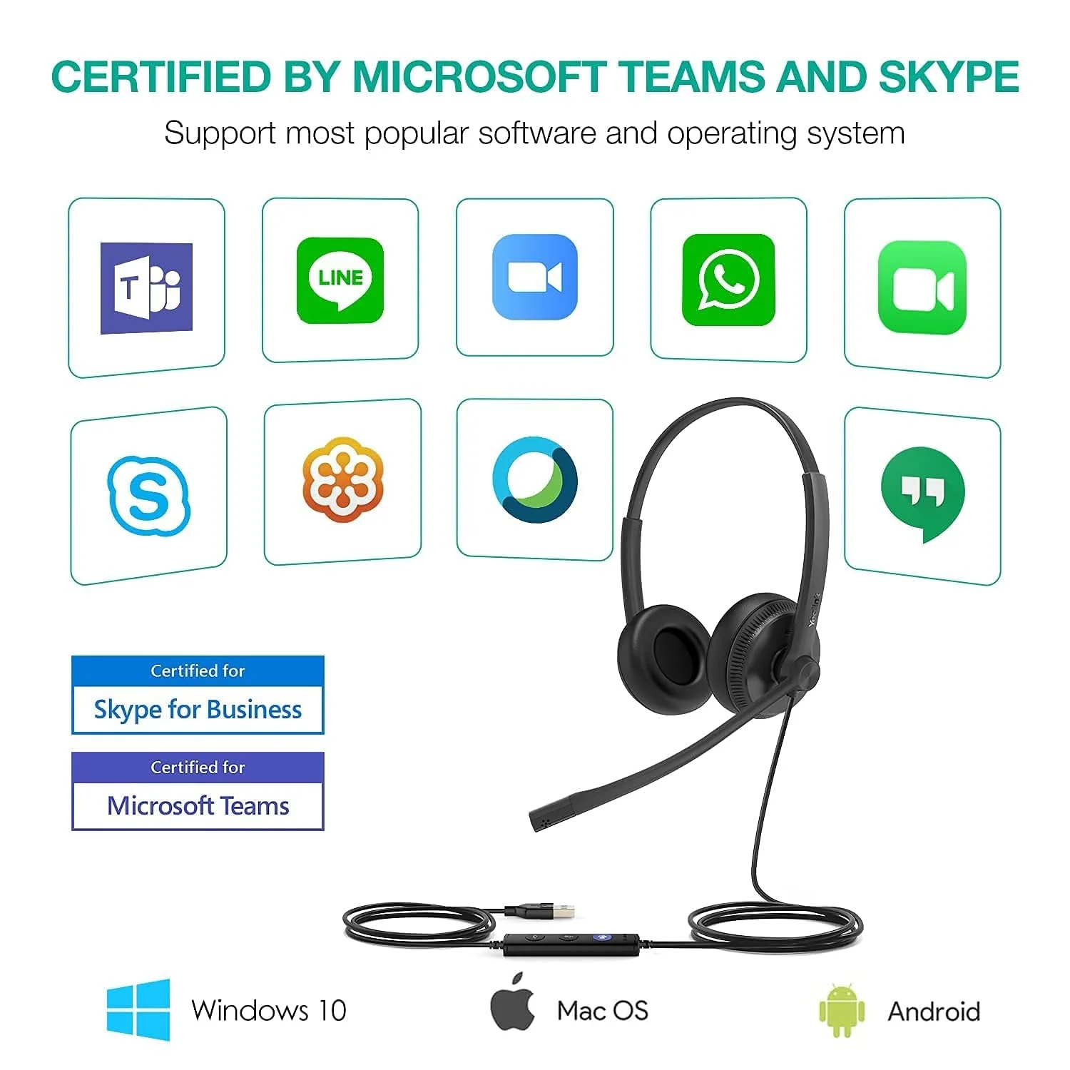 Yealink UH34 USB Headset with Mic,Stereo Wired Headphones with Noise Cancelling Microphone,Teams Certified,Professional Work Headphones for VoIP Phone PC Computer Call Center Office USB(Leatherette) - Image 4