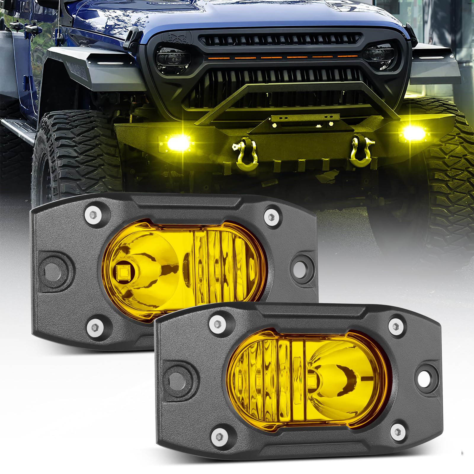 Yellow LED Pods Flush Mount Spot Flood Light 2PCS 4 Inch Bumper Driving Fog Lights Reverse Backup Work Lights Flush Off Road Light Bar for Truck Pickup UTV ATV Boat 4x4 Yellow Flush