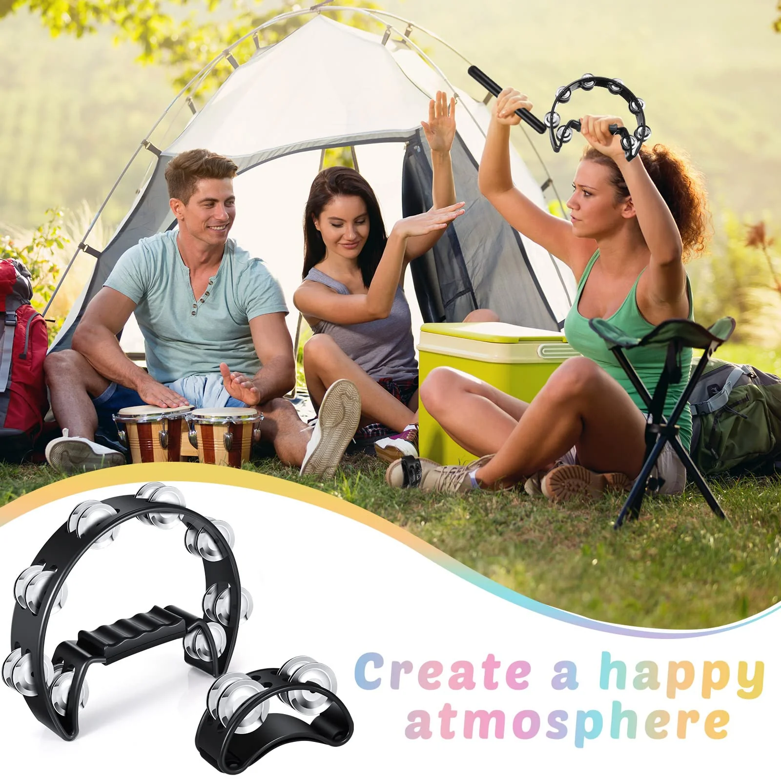 Yeshone 6 Pcs Tambourines for Adults, Hand Held Half Moon Tambourine Foot with Bells Wood Rhythm Sticks Egg Shakers Musical Hand Percussion Instrument Set for School Party Music Supplies, Black - Image 6