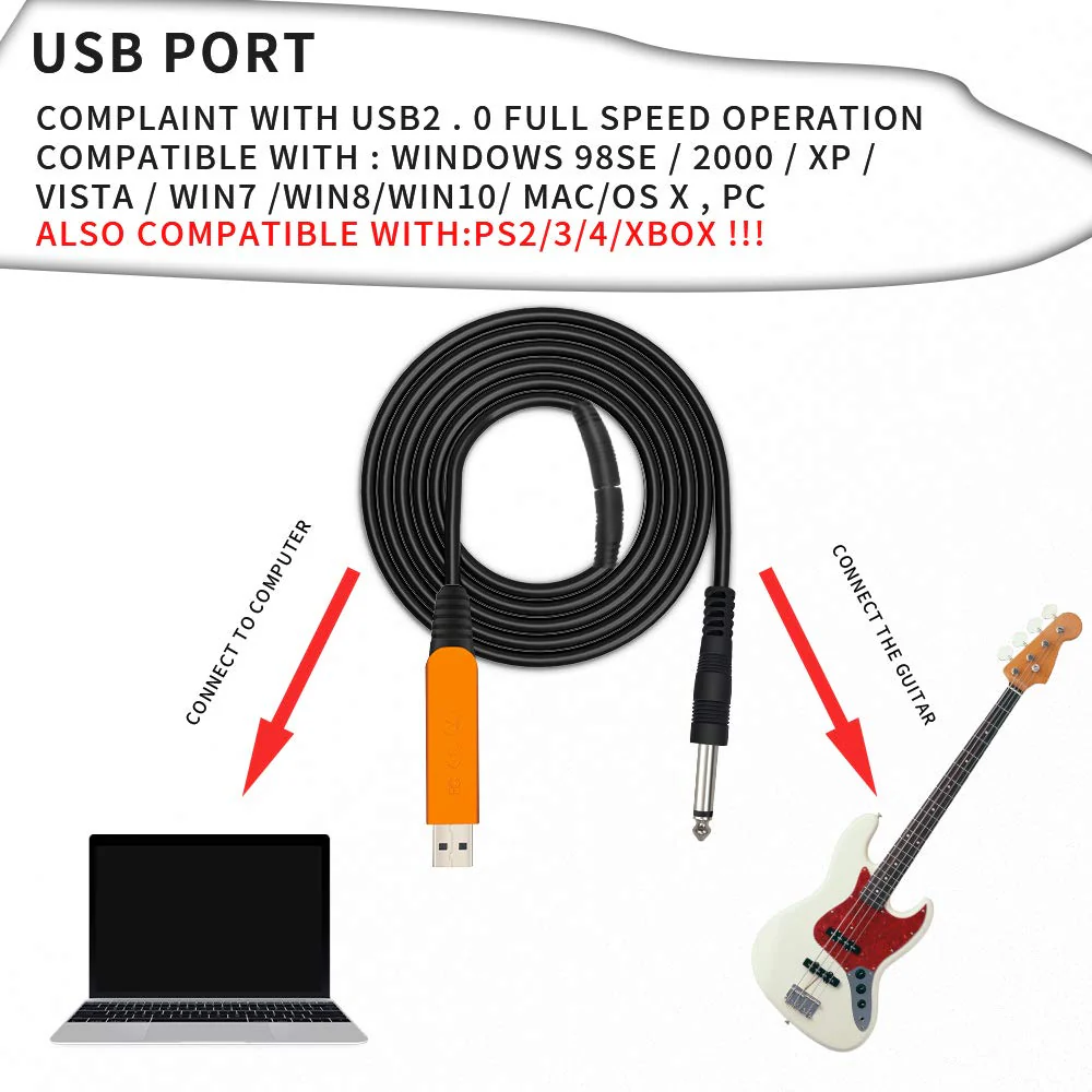 YESPURE USB Guitar Cable 10Ft, USB Guitar Interface Male to 6.35mm 1/4 inch Gold-Plated TS Mono Plug,Recording Cable Compatible with PC, Mac, Xbox, PS4, PS3,PS2 Black 2 - Image 2