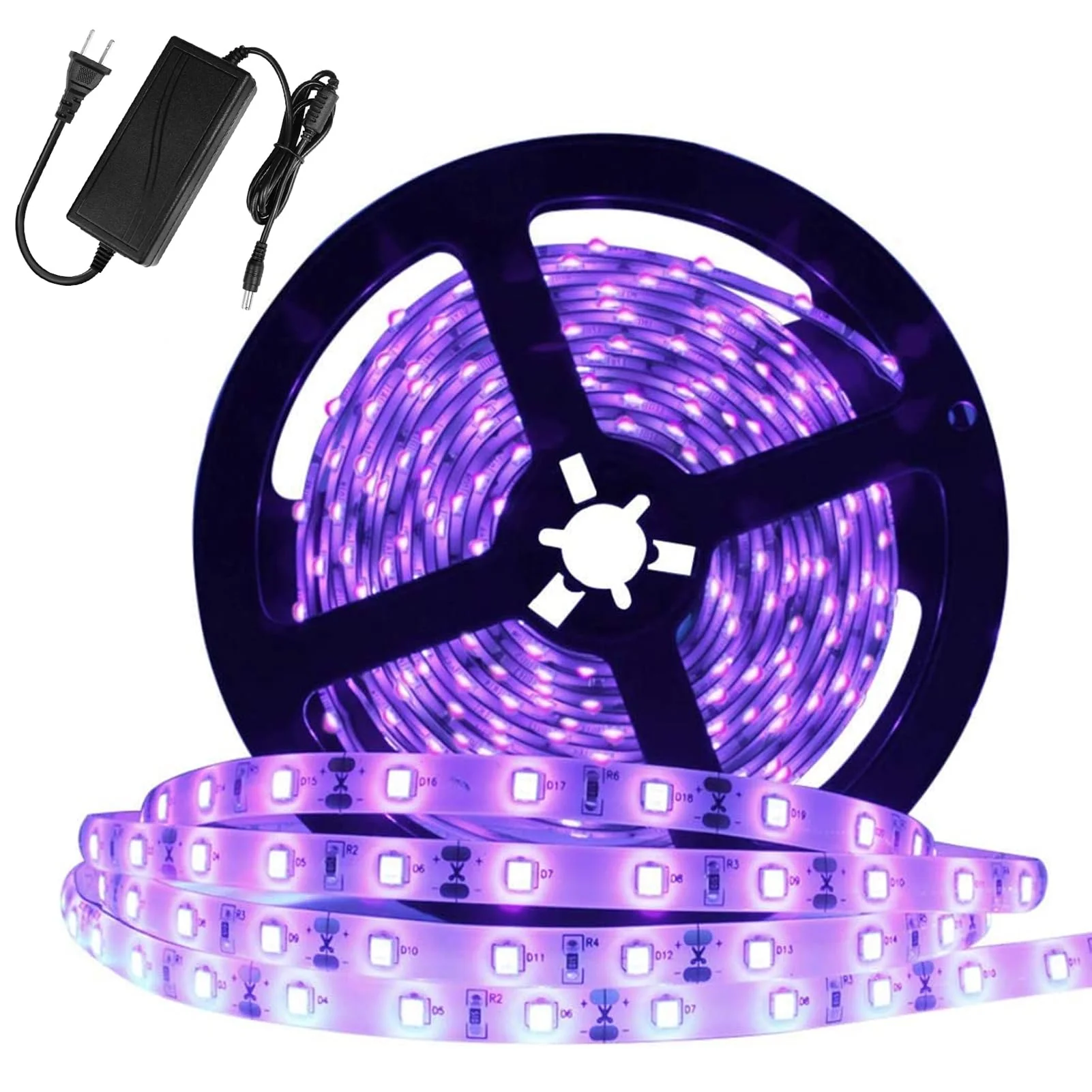 YGS-Tech Super Bright 60 Watts UV Black Light LED Strip, 16.4FT/5M 3528 300LEDs 395nm-405nm Non-Waterproof Blacklight with Power Supply, for Night Fishing, Black Party 60Watts