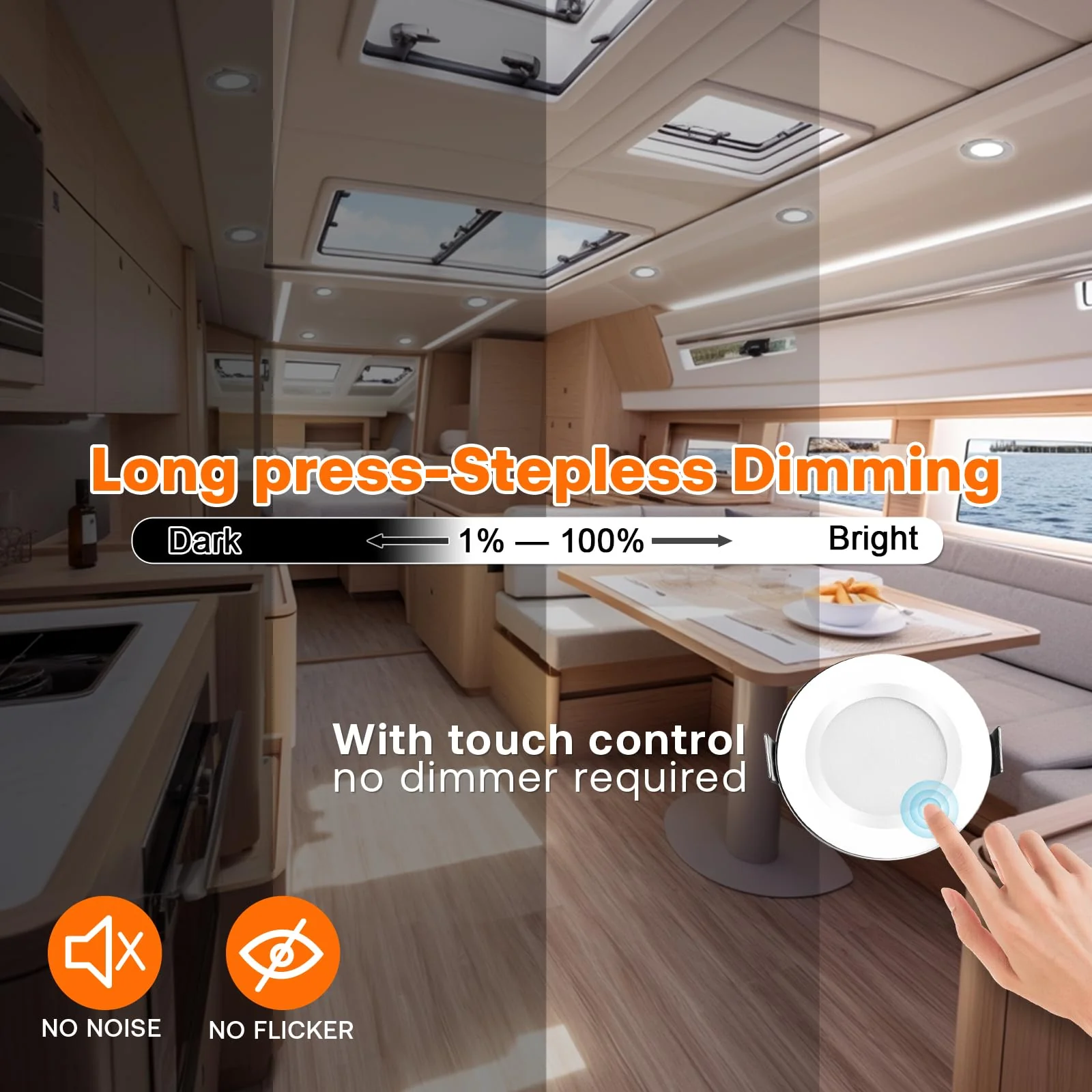 YindaLux LED Recessed Spotlight 12 V Touch Control Warm White Neutral White Cool White LED Spot Dimmable 3 W IP44 Recessed Spotlights 60 mm Hole Size Recessed Lights for Caravan Kitchen Aluminium Chrome - Image 4
