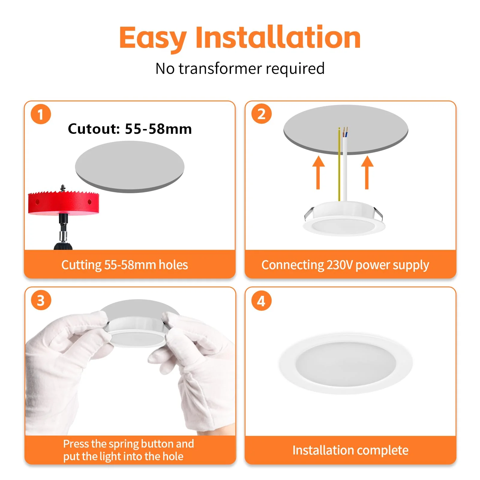 YindaLux Set of 3 LED Recessed Spotlights 230 V 3 W 3000 K Warm White 4000 K Neutral White 6000 K Cool White LED Spot Ultra Flat 300 LM Bore Hole 55-58 mm and 15 mm Flat IP44 Recessed Furniture 3 pieces - Image 9