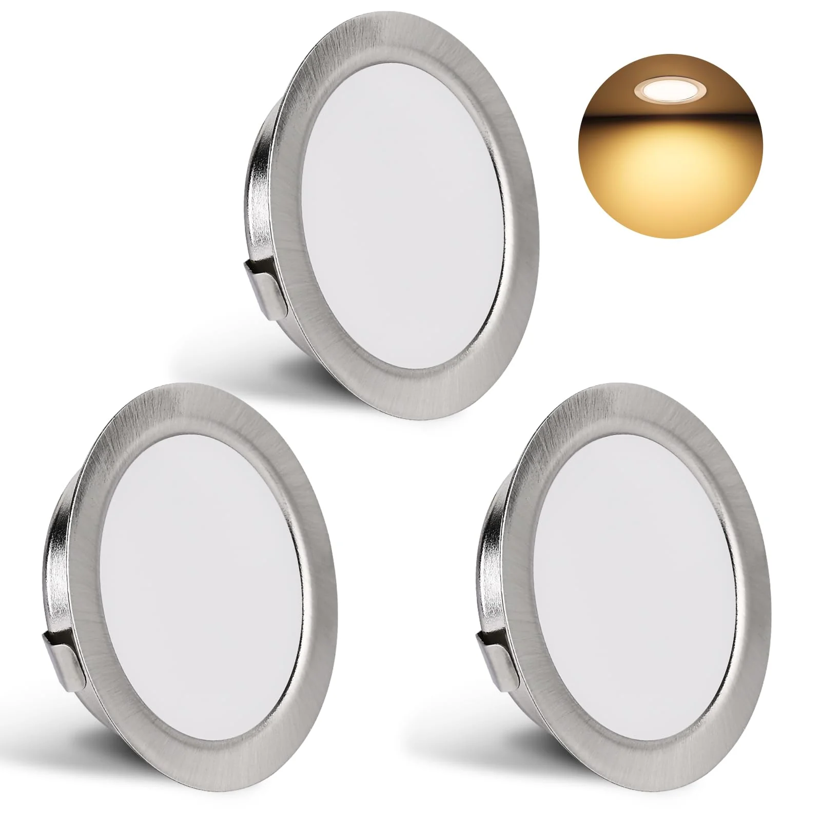 YindaLux Set of 3 LED Recessed Spotlights 230 V 3 W 3000 K Warm White Ultra Flat 300LM Bore Hole 55-58 mm and 15 mm Flat IP44 Furniture Recessed Light for Mirror Cabinet Brushed Nickel 3 Stück Brushed Stainless Steel 3000 K