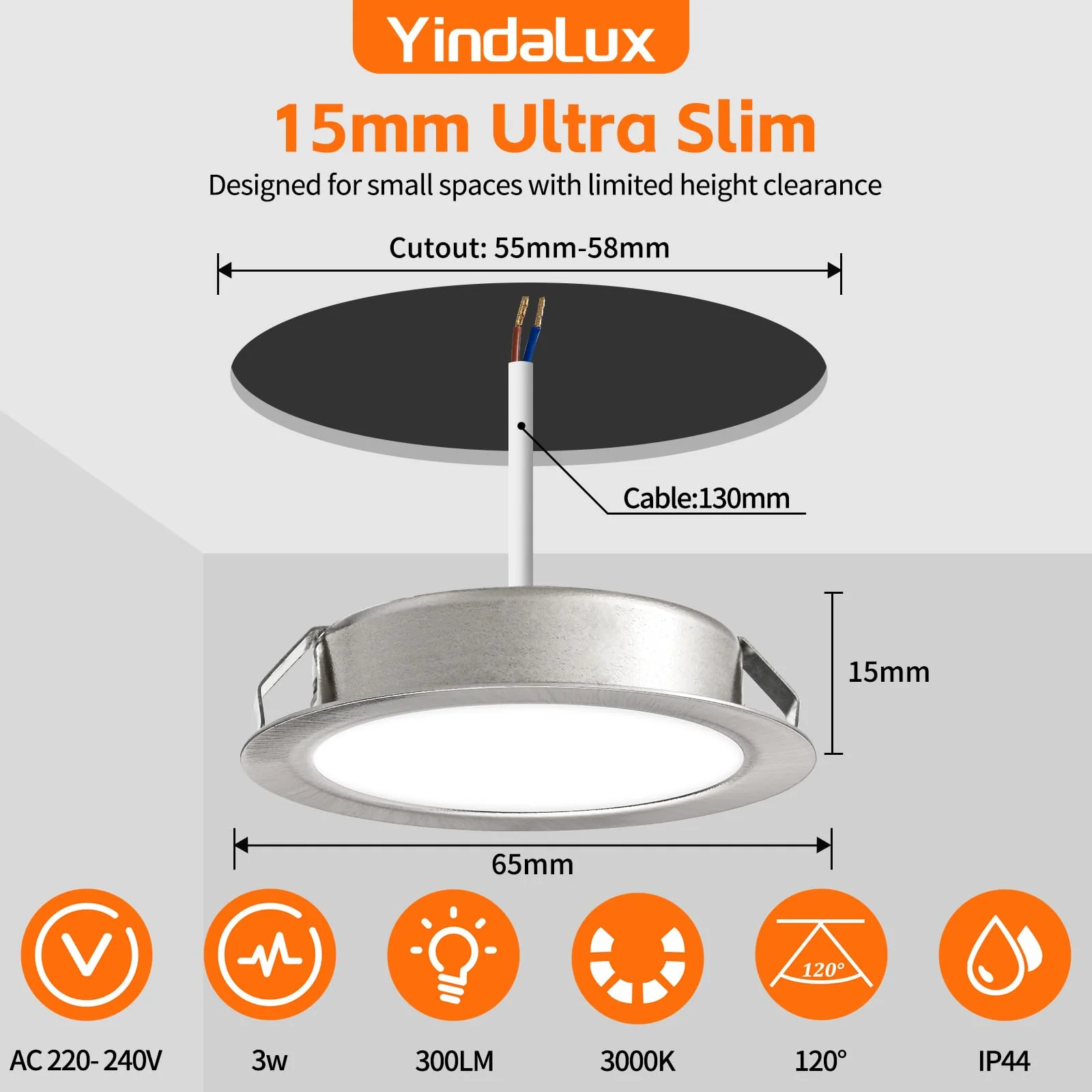 YindaLux Set of 3 LED Recessed Spotlights 230 V 3 W 3000 K Warm White Ultra Flat 300LM Bore Hole 55-58 mm and 15 mm Flat IP44 Furniture Recessed Light for Mirror Cabinet Brushed Nickel 3 Stück Brushed Stainless Steel 3000 K - Image 2