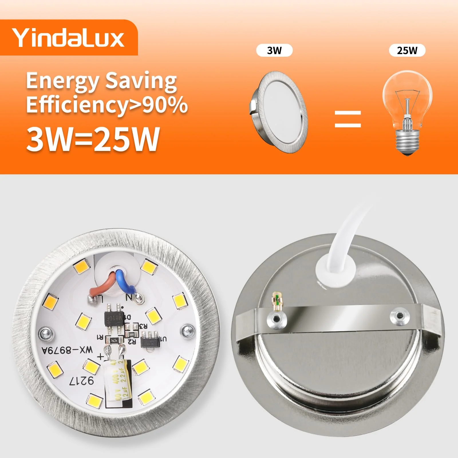 YindaLux Set of 3 LED Recessed Spotlights 230 V 3 W 3000 K Warm White Ultra Flat 300LM Bore Hole 55-58 mm and 15 mm Flat IP44 Furniture Recessed Light for Mirror Cabinet Brushed Nickel 3 Stück Brushed Stainless Steel 3000 K - Image 3