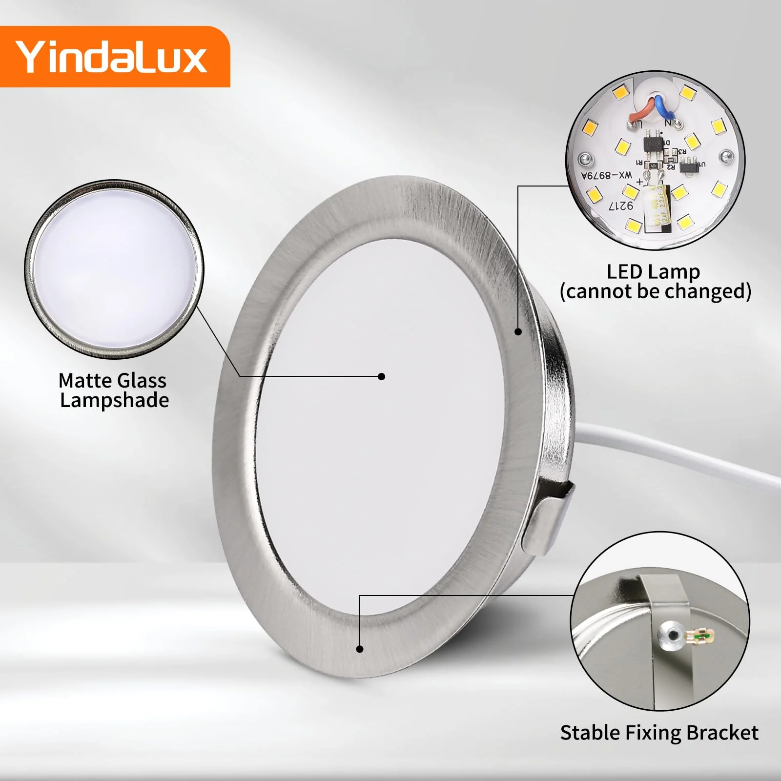 YindaLux Set of 3 LED Recessed Spotlights 230 V 3 W 3000 K Warm White Ultra Flat 300LM Bore Hole 55-58 mm and 15 mm Flat IP44 Furniture Recessed Light for Mirror Cabinet Brushed Nickel 3 Stück Brushed Stainless Steel 3000 K - Image 4
