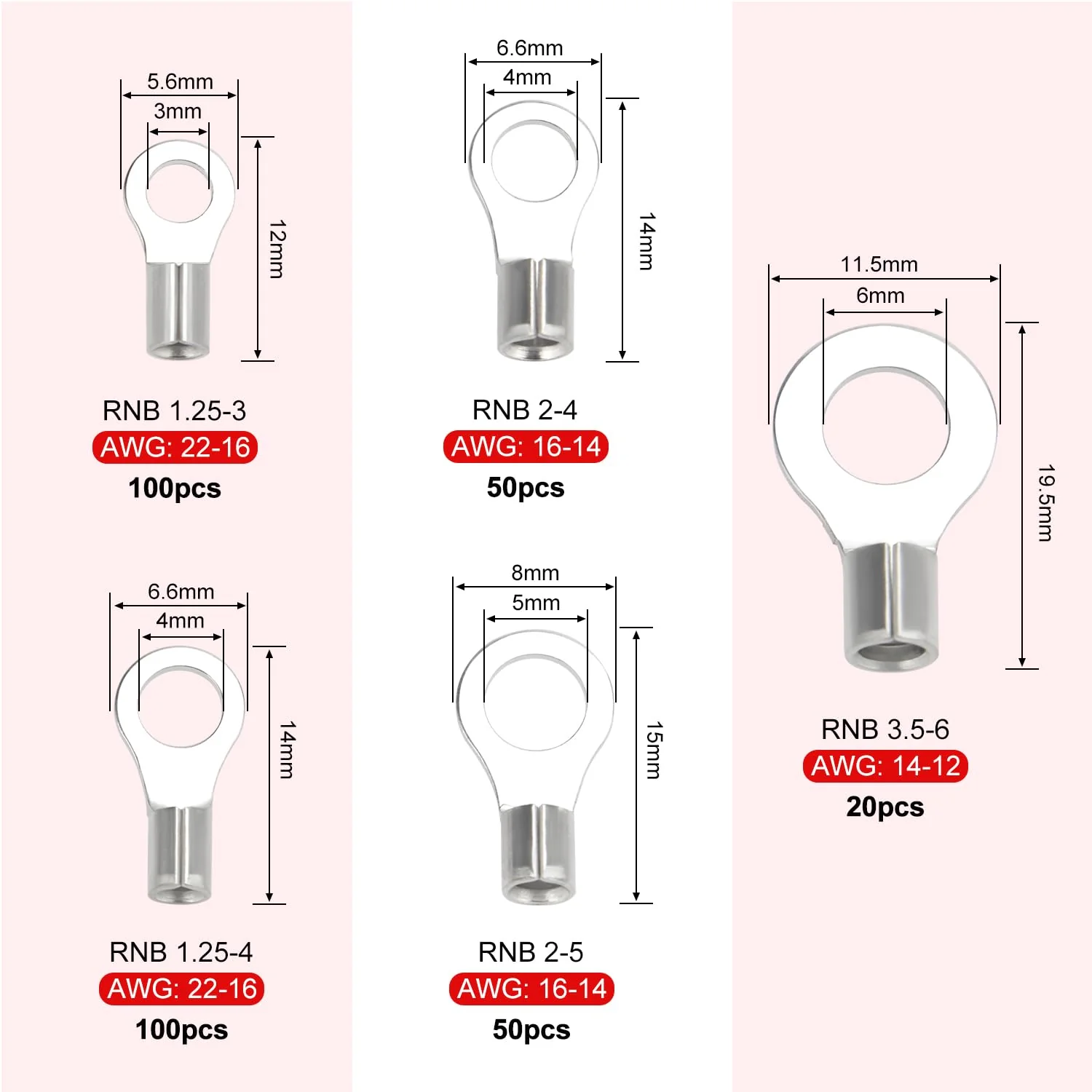 YIXISI 320 Pieces M3/M4/M5/M6 Non-Insulated Ring Wire Terminals Kit, Ring Terminals Crimp Connectors, O-type Wire Crimp Copper Terminal Connector, Copper Lugs Terminals Plug, AWG 22-16 16-14 14-12 - Image 2