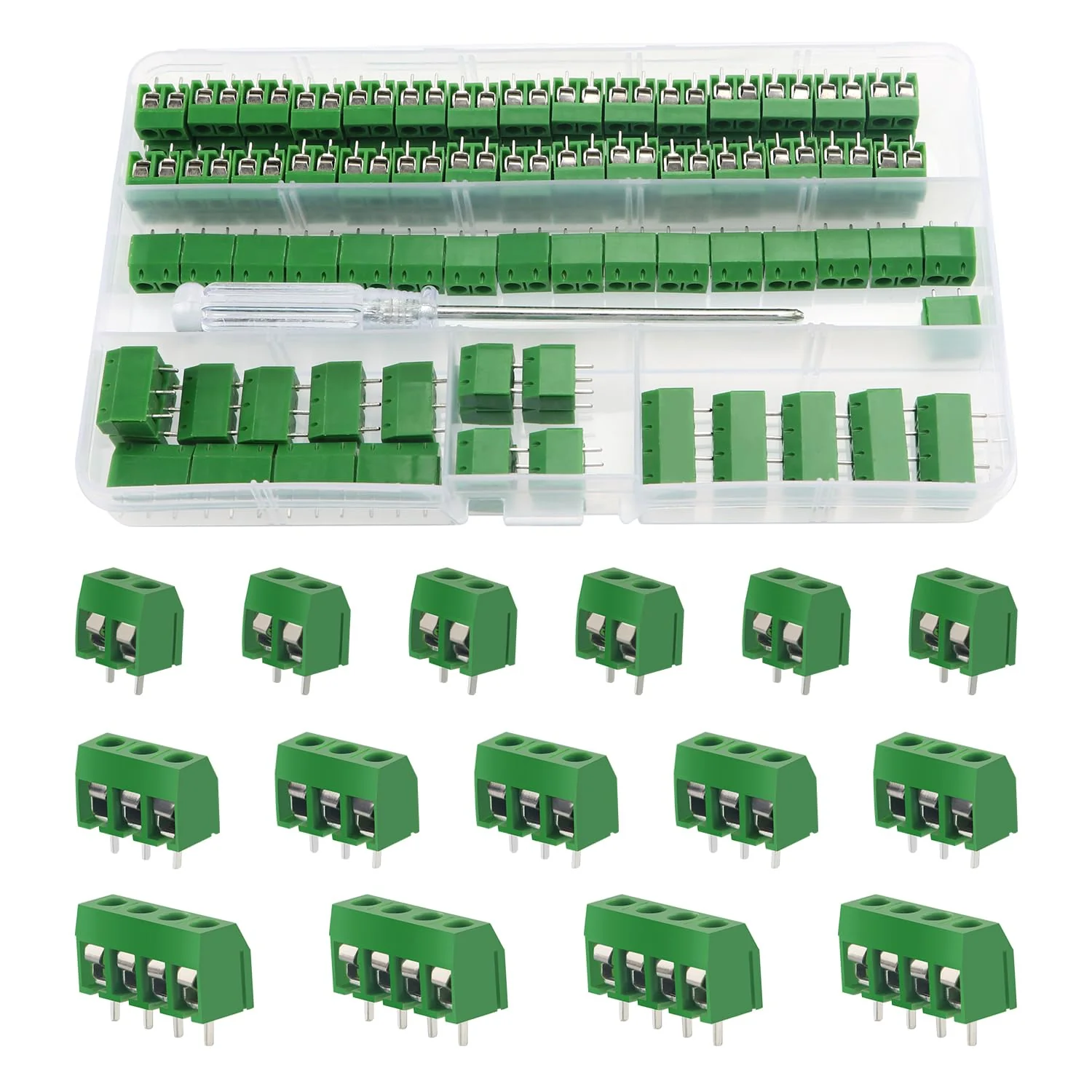 YIXISI PCB Mount Screw Terminal Block, 5 mm 2 Pin / 3 Pin / 4 Pin Screw Terminal Connector for Arduino DIY Project (85 x 2 Pin, 10 x 3 Pin, 5 x 4 Pin, Green) 2P+3P+4P